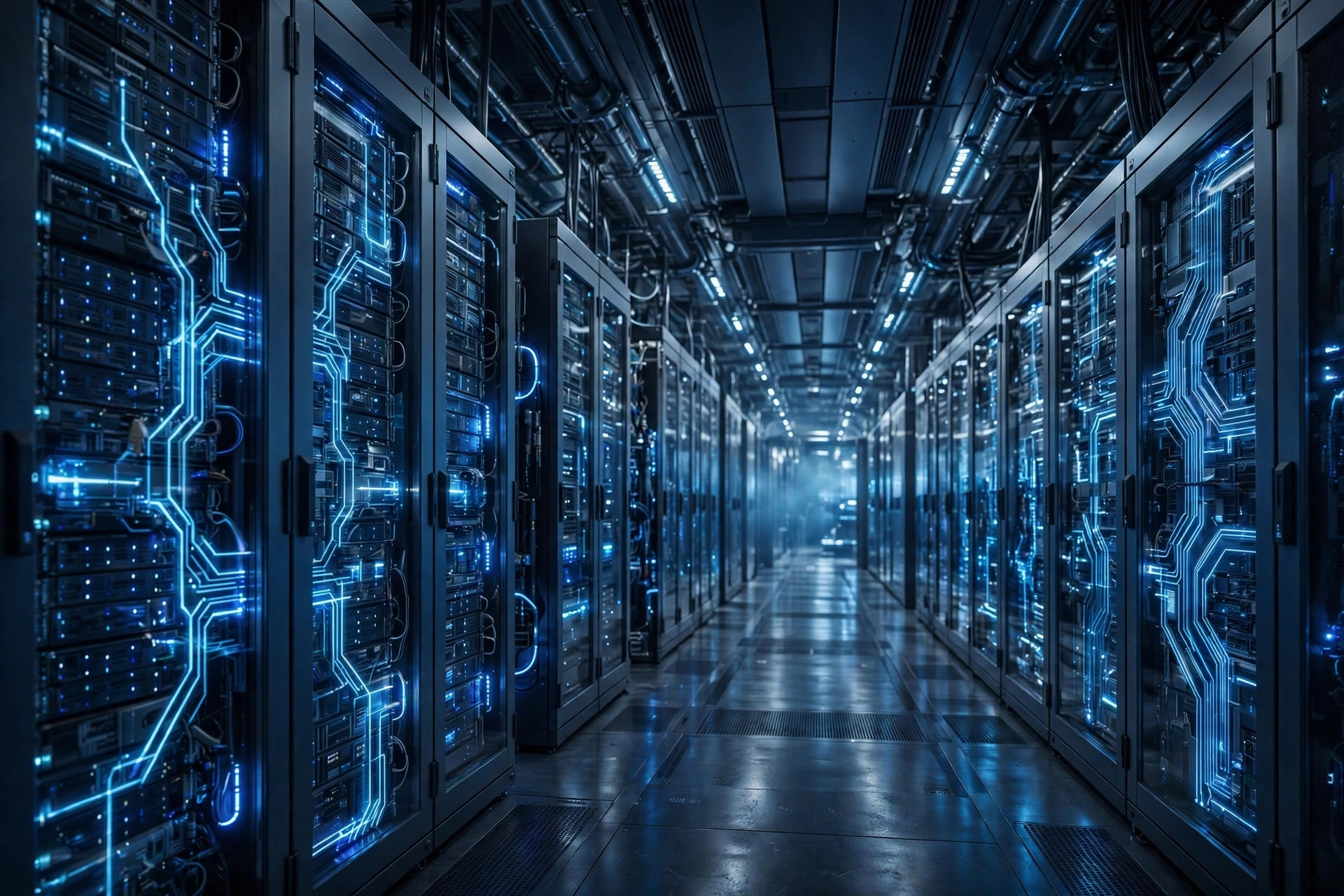AI data center corridor, US-China technology competition illustration