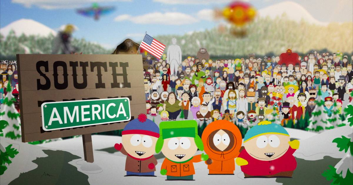 South Park Season 29 characters in front of the renamed South America town sign