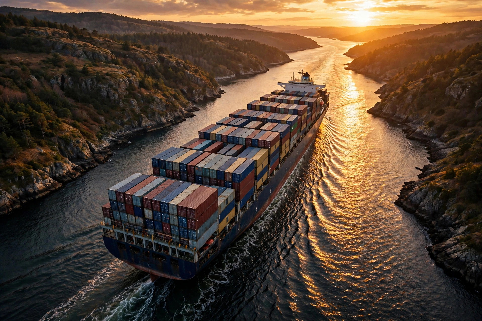 Container cargo ship at sea at sunset, Iran trade illustration