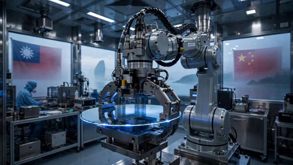 Robotic arm holding a glowing silicon wafer inside a semiconductor cleanroom, with Taiwanese and Chinese flags visible in the background mist.