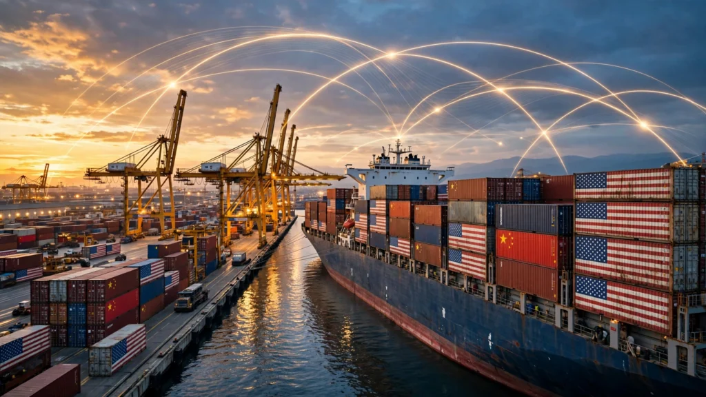 Container ship carrying US and Chinese flag containers at a port at dusk, with glowing trade-route arcs across the sky.