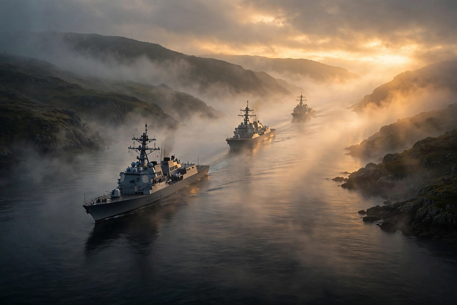 Naval warships in a misty strait at dawn, Taiwan regional security illustration