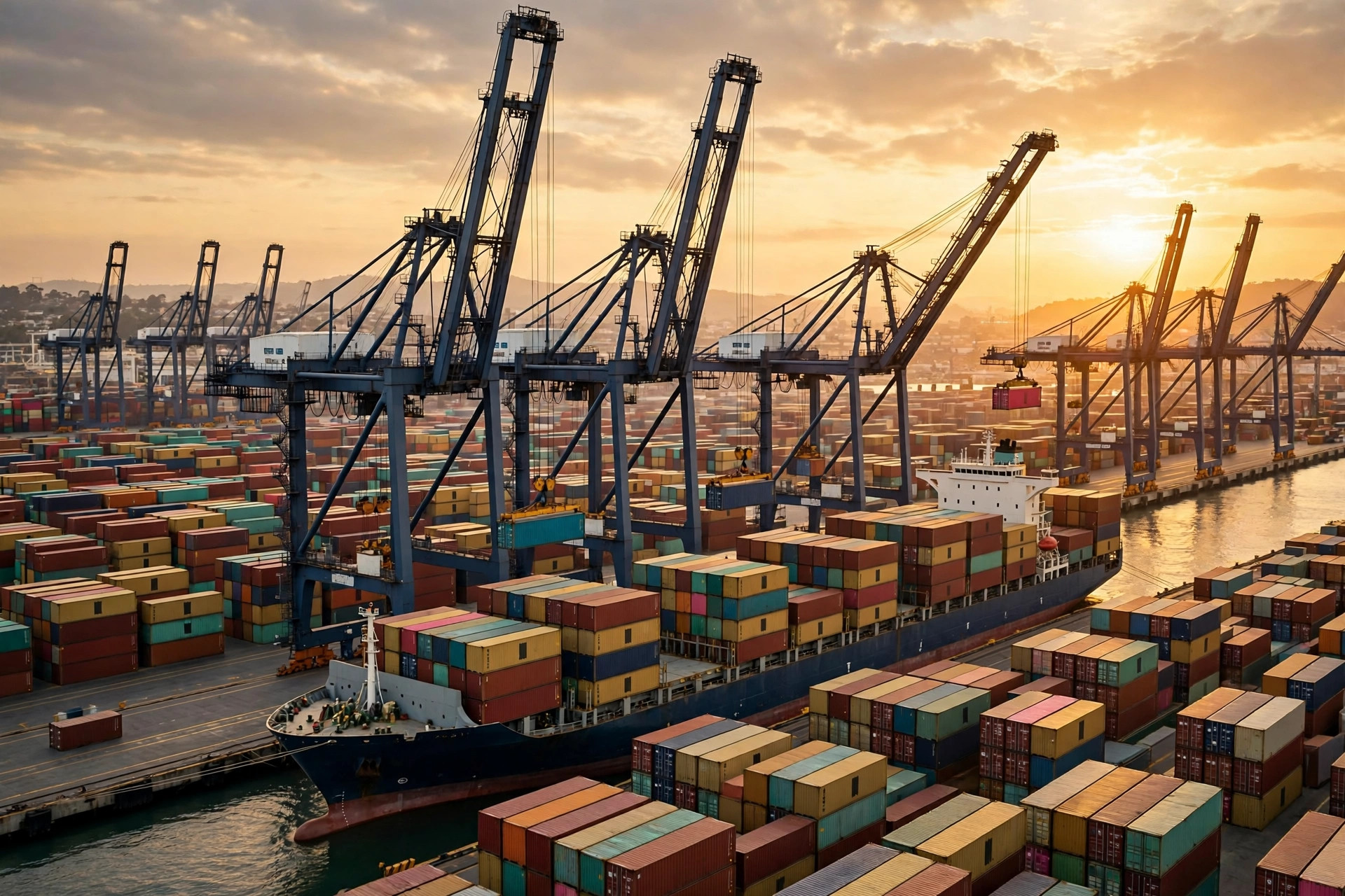 Container port at golden hour, US-China trade illustration