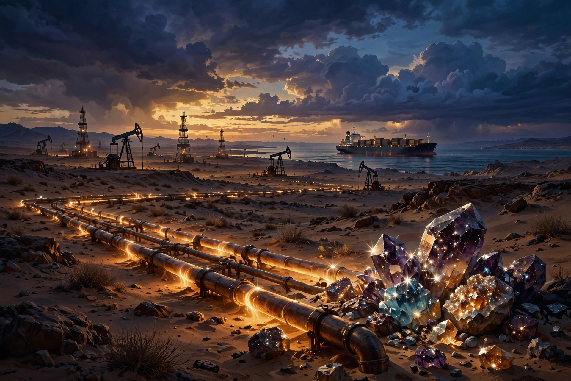 Oil derricks, cargo ship and mineral crystals representing BRICS energy dominance
