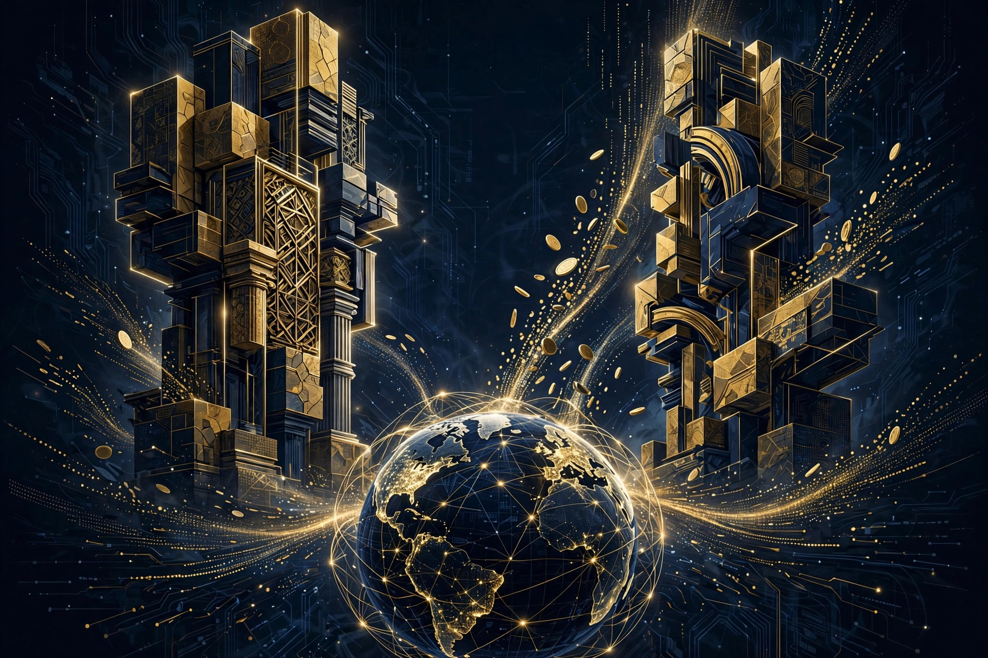 Abstract financial towers representing G7 and BRICS currency competition