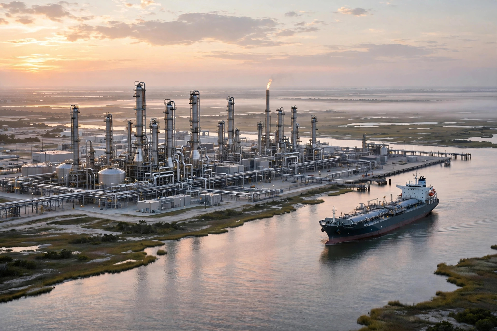 A modern refinery and tanker at a Texas Gulf Coast port at sunrise