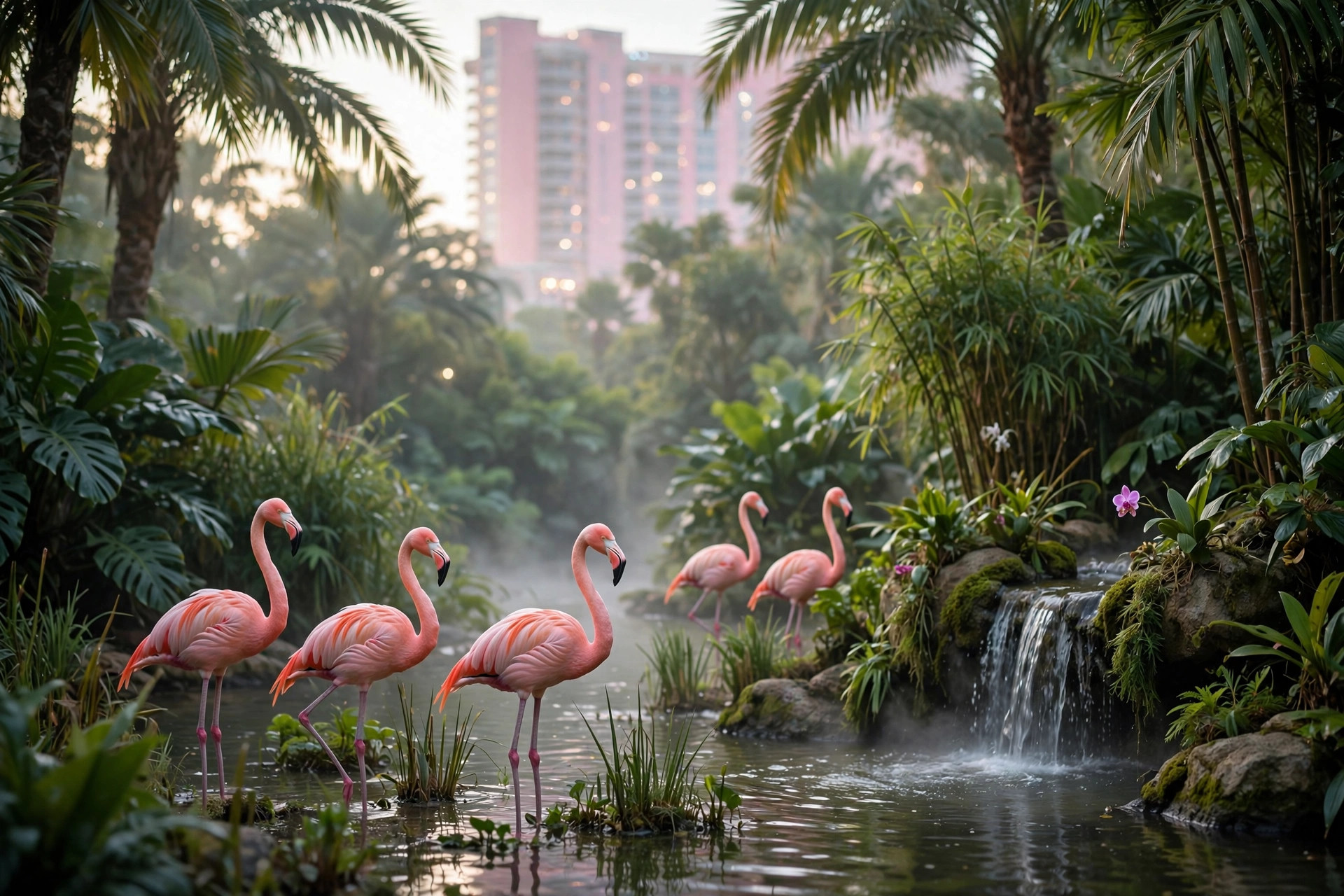 Pink Chilean flamingos in the tropical wildlife habitat at a Las Vegas resort
