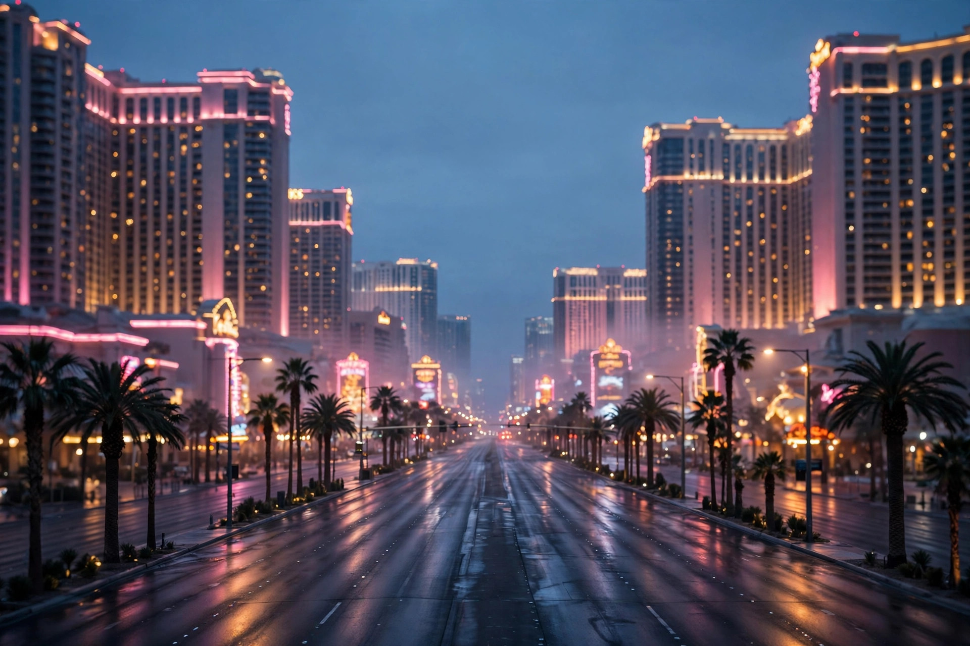 The Las Vegas Strip at dawn with pink neon reflecting on an empty boulevard
