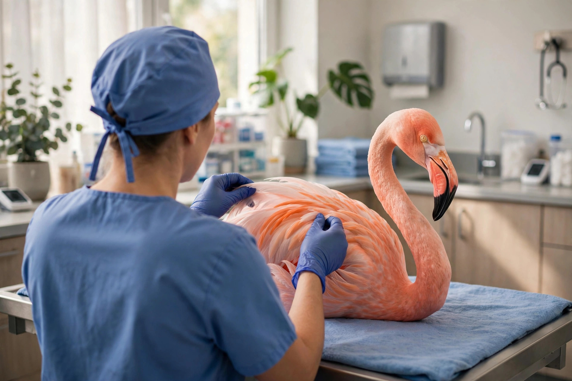 Veterinarian gently examining a flamingo during a health check