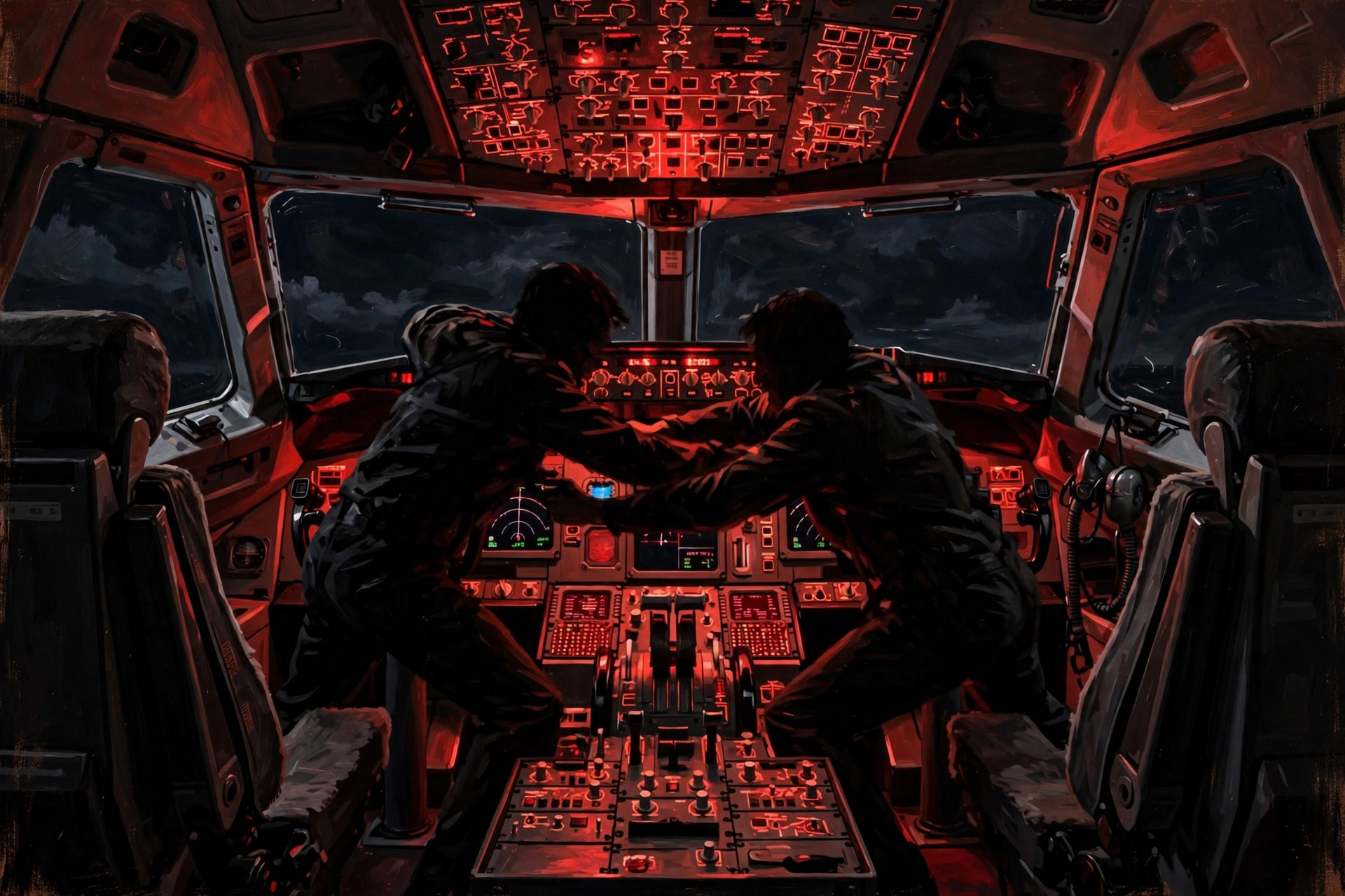 Illustration of the struggle inside the Flydubai flight FZ1073 cockpit