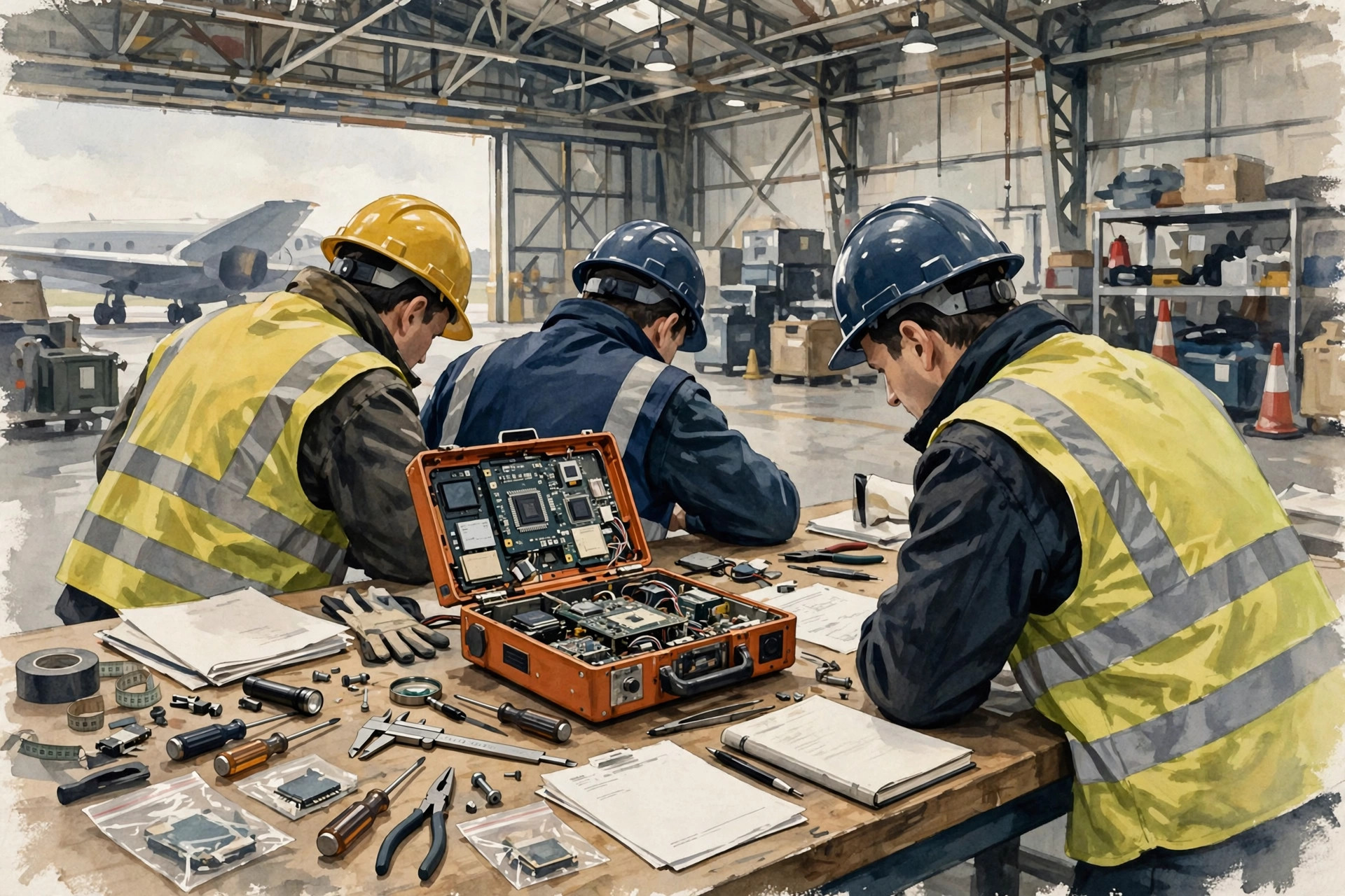 Illustration of aviation investigators examining flight data after the Flydubai incident