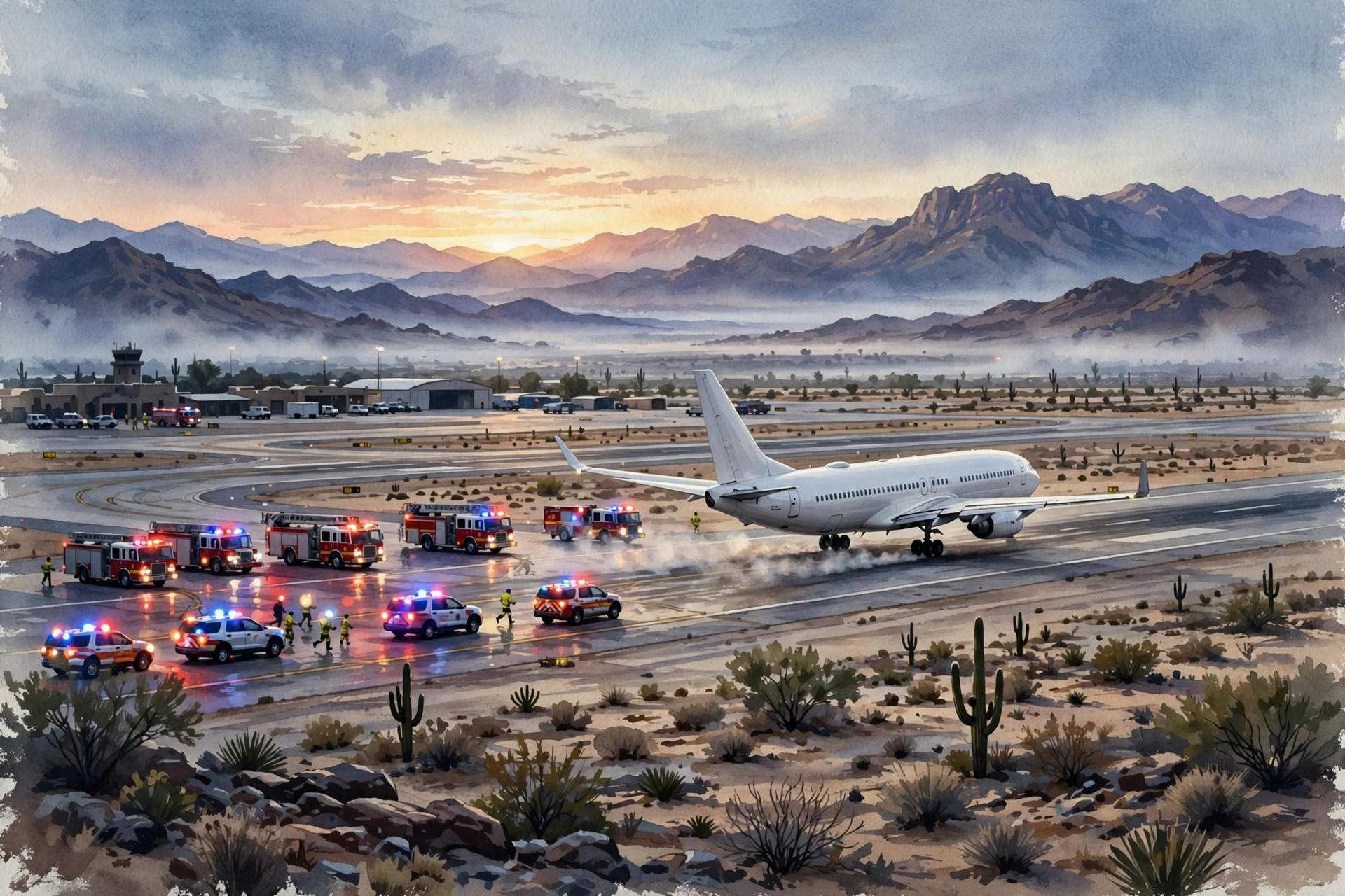 Illustration of a Flydubai Boeing 737 making an emergency landing in Tabuk, Saudi Arabia