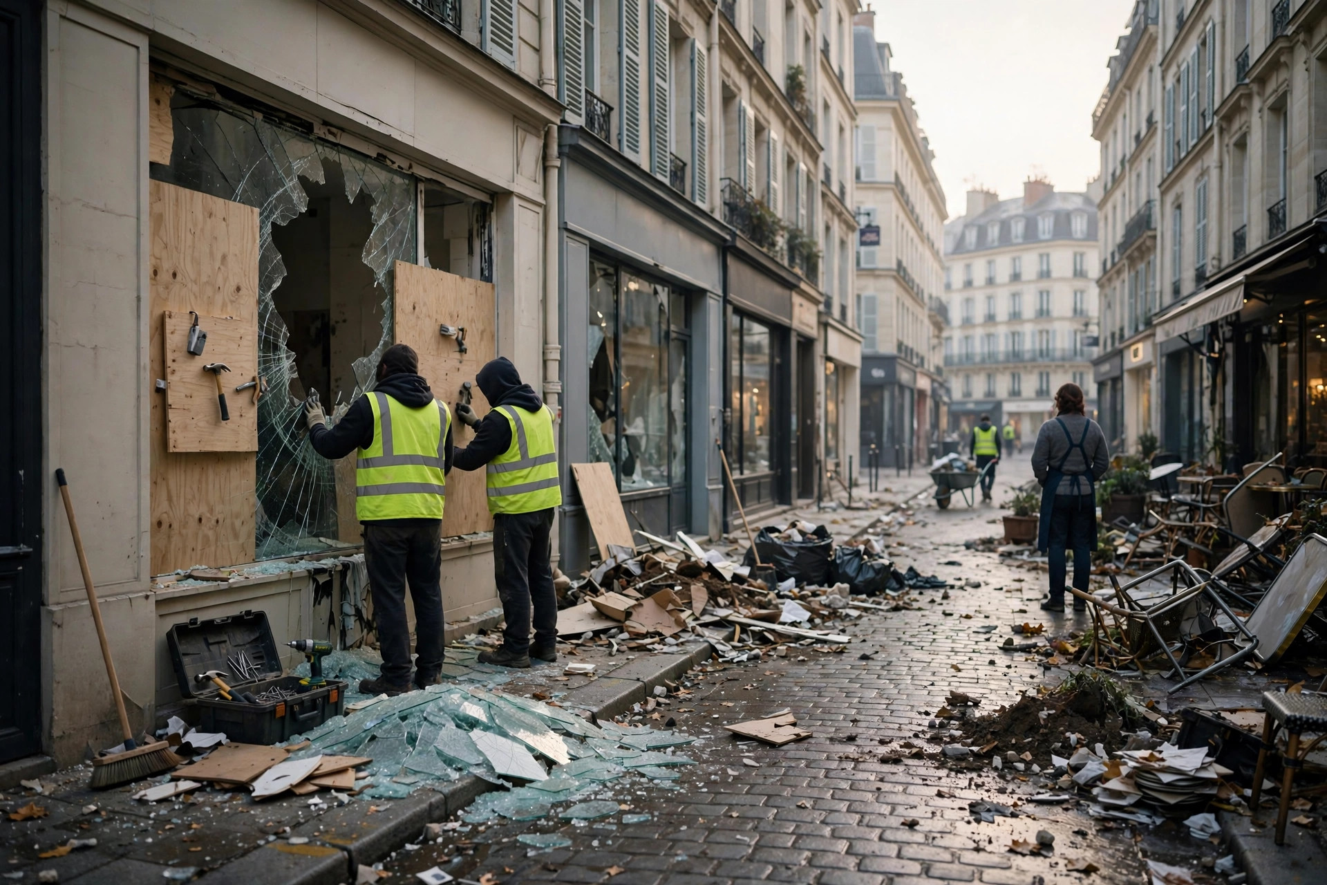Workers boarding up a smashed shop window during a morning cleanup after riots in France