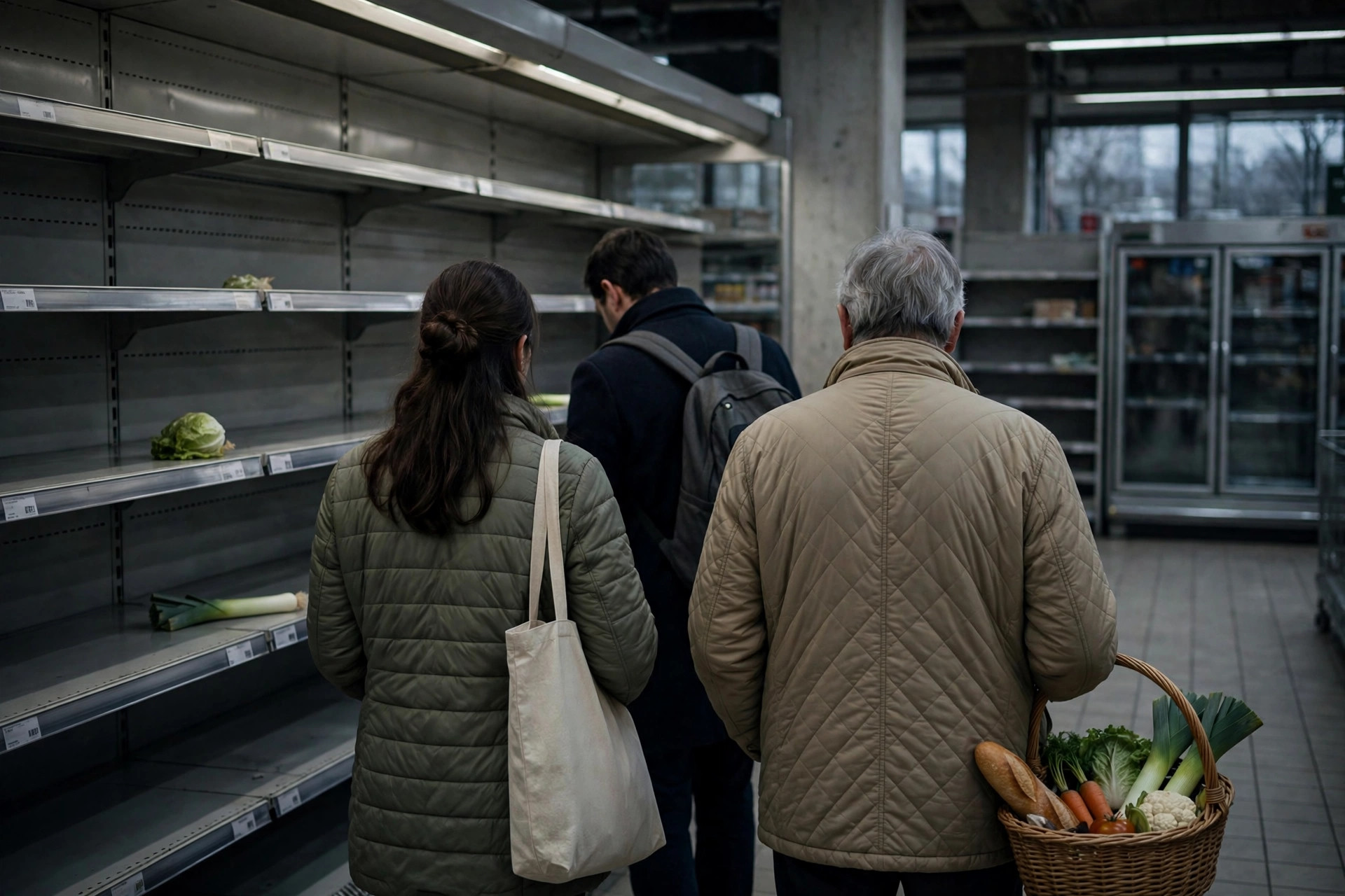 Shoppers facing near-empty supermarket shelves, illustrating cost-of-living pressure in France
