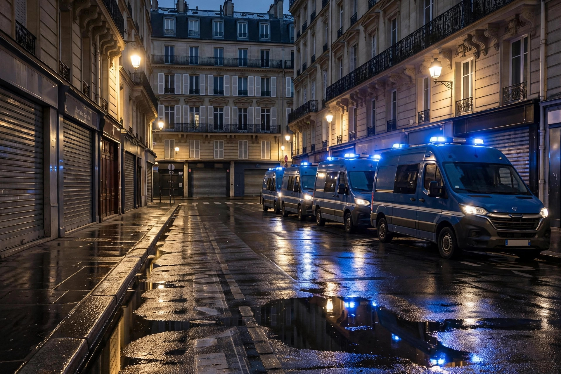 Empty Paris street at night with gendarmerie vans during a curfew