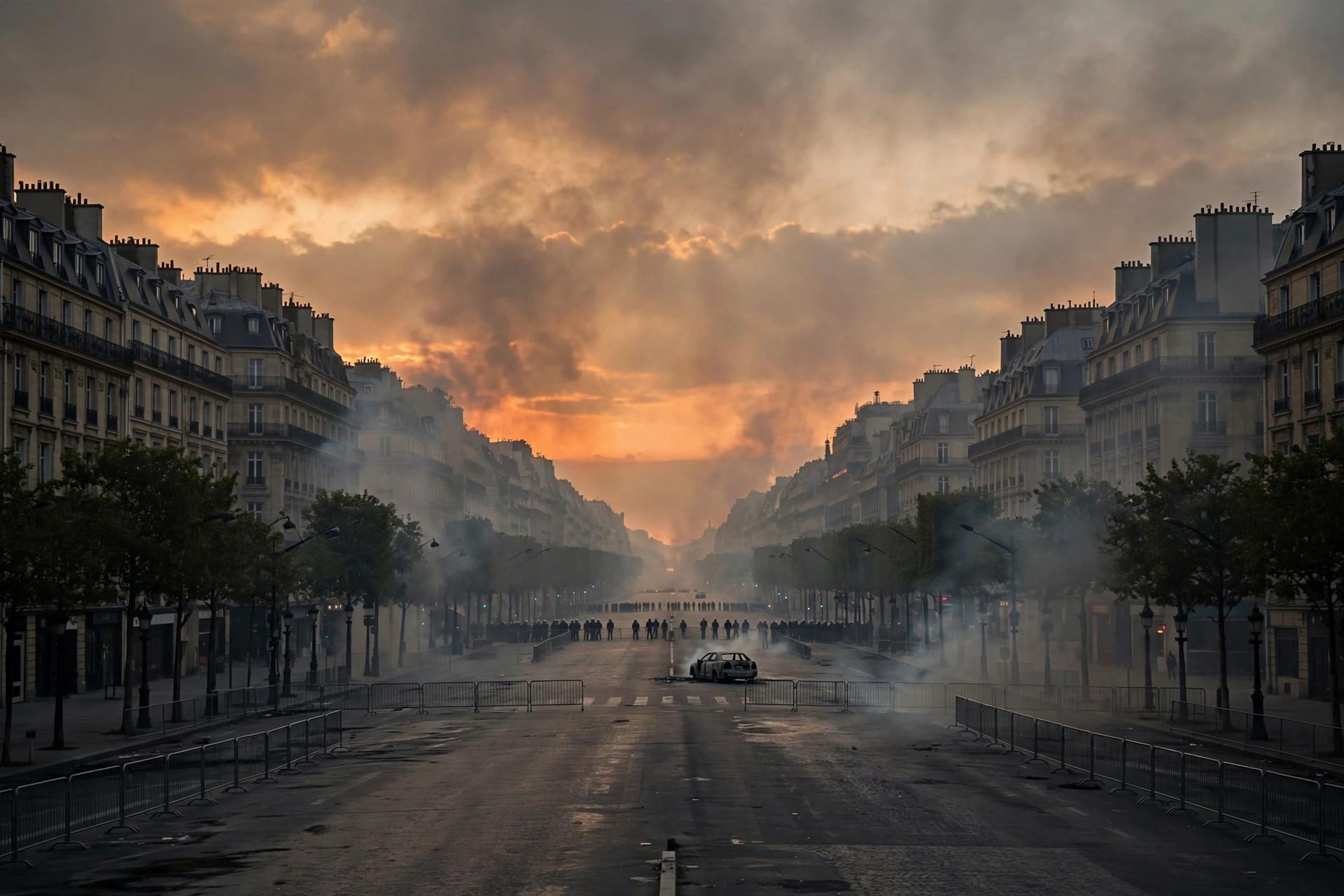 Paris boulevard with riot police line, barriers and smoke during nationwide unrest in France