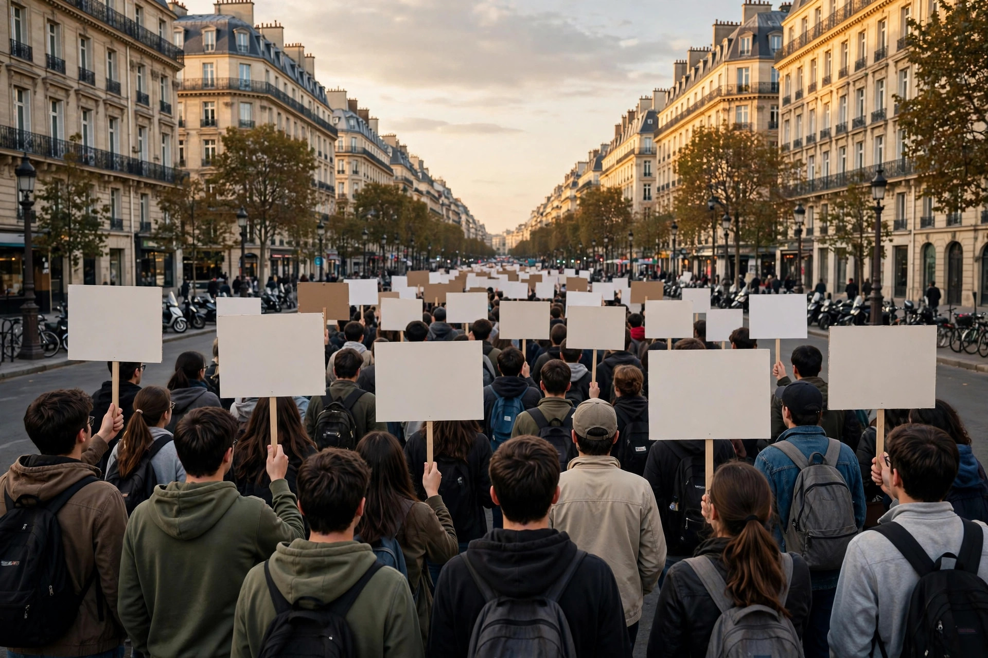Student protesters marching with blank placards down a Paris avenue, seen from behind