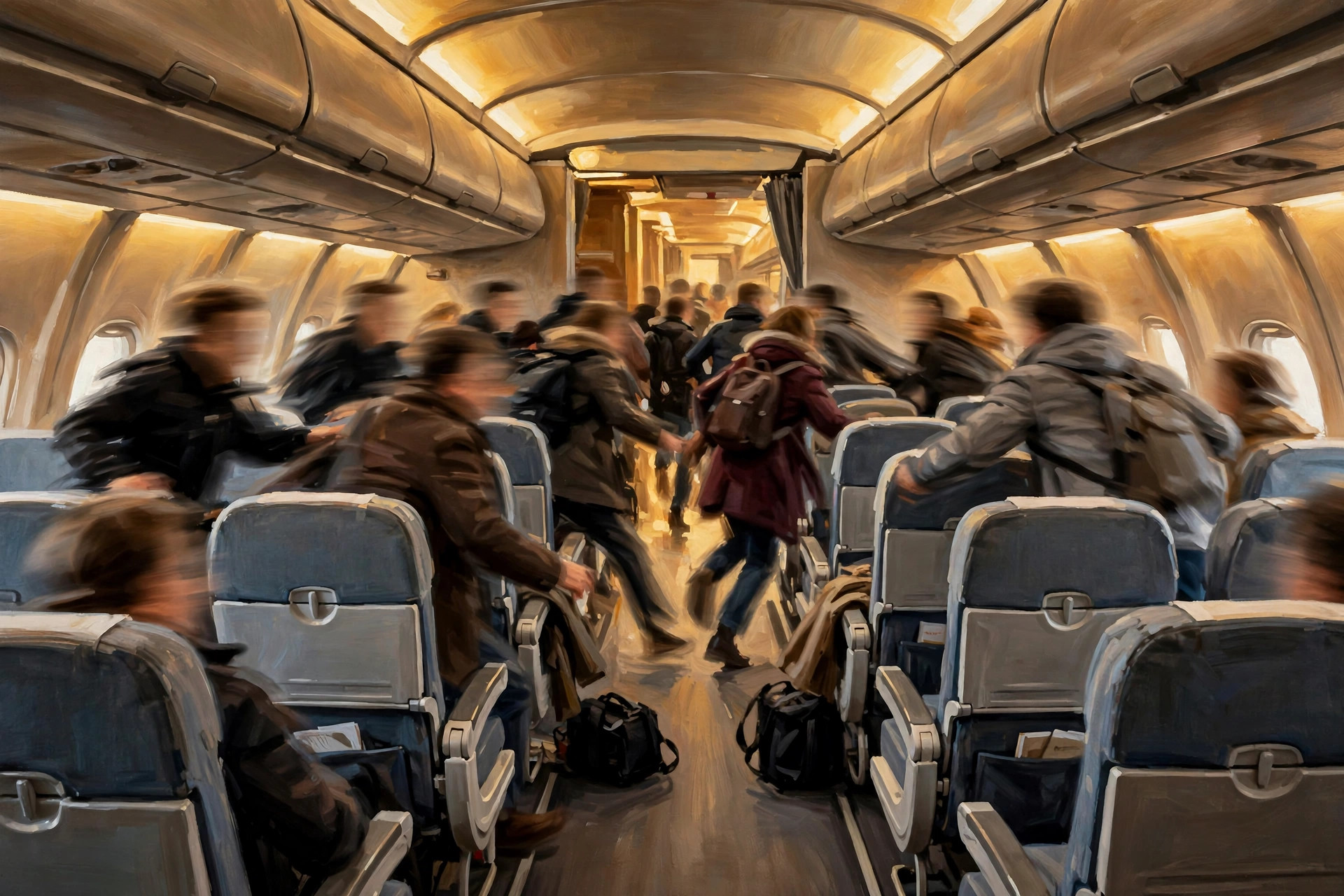 Illustration of passengers rushing toward the cockpit aboard Flydubai flight FZ1073