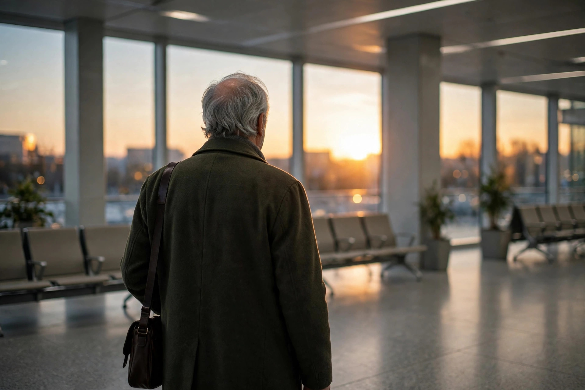 An elderly man seen from behind walking through an airport terminal toward the light