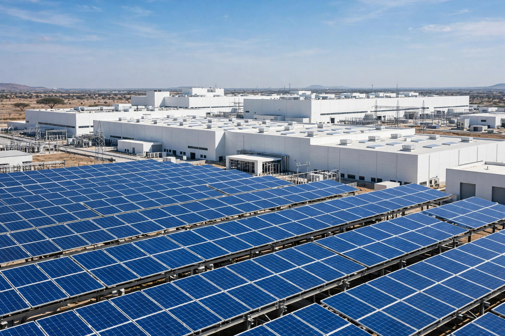 Solar panels and factory halls at a green energy giga complex in Gujarat