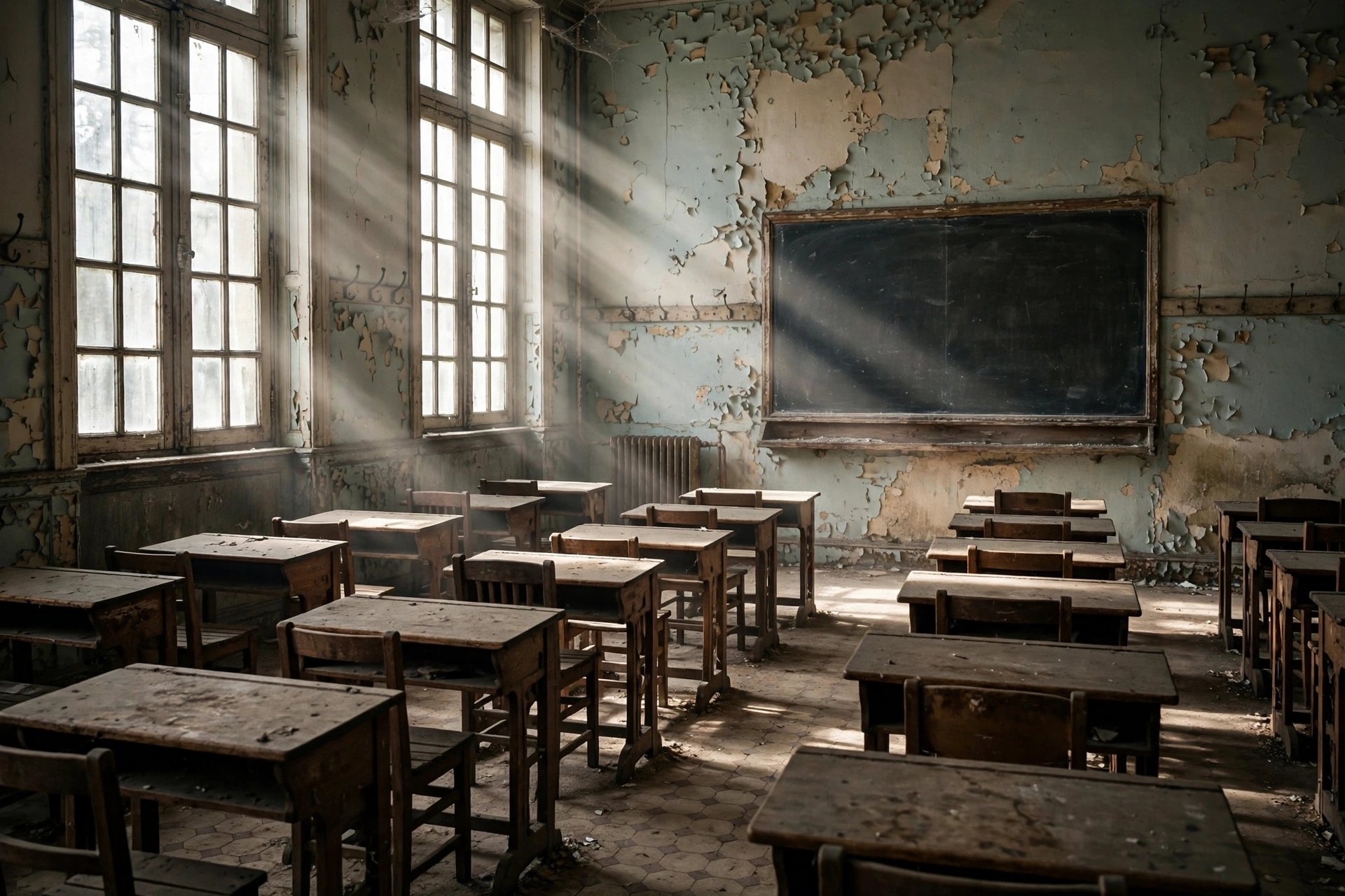 Worn empty classroom illustrating France's underfunded schools