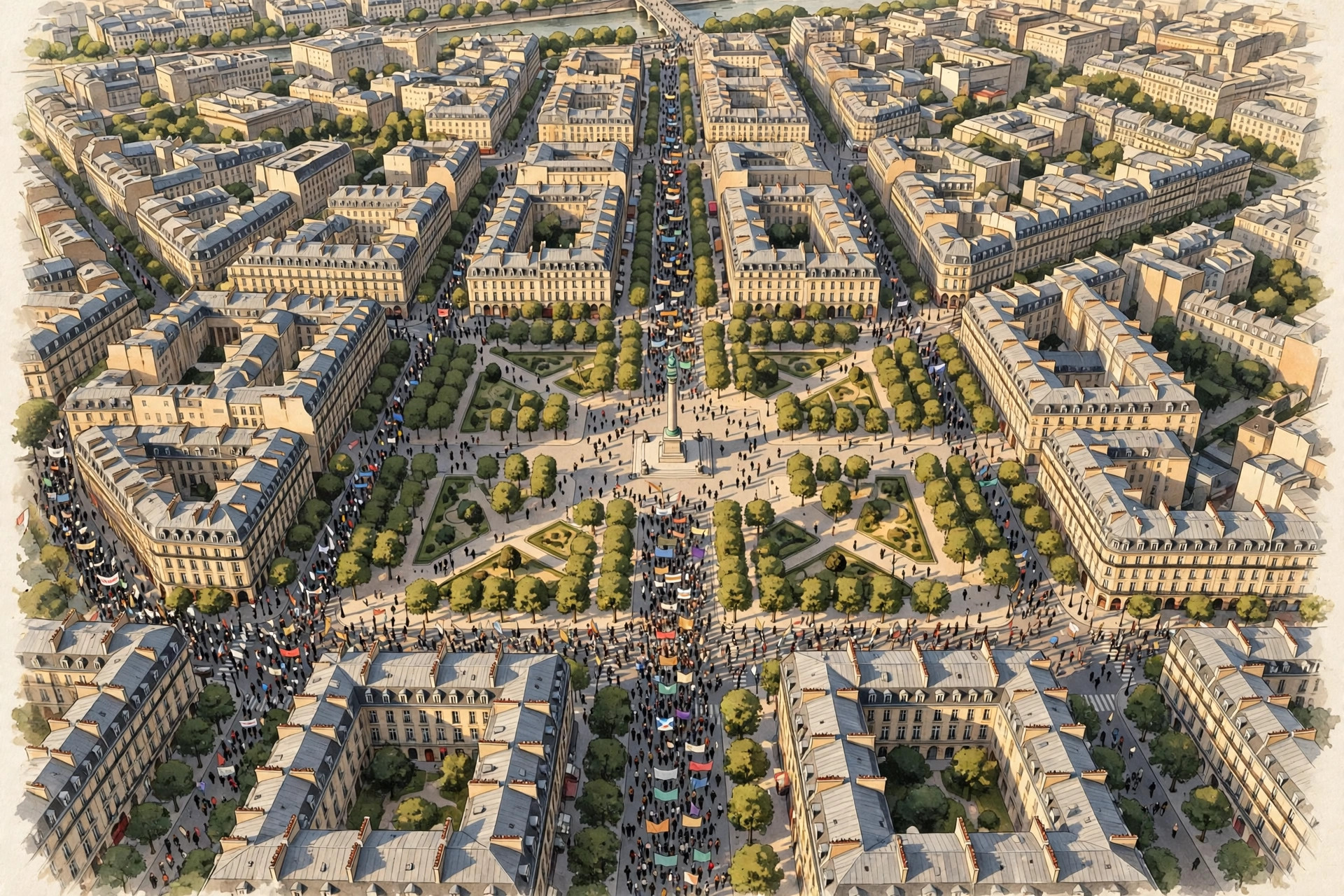 Protest march crowds with union flags in central Paris
