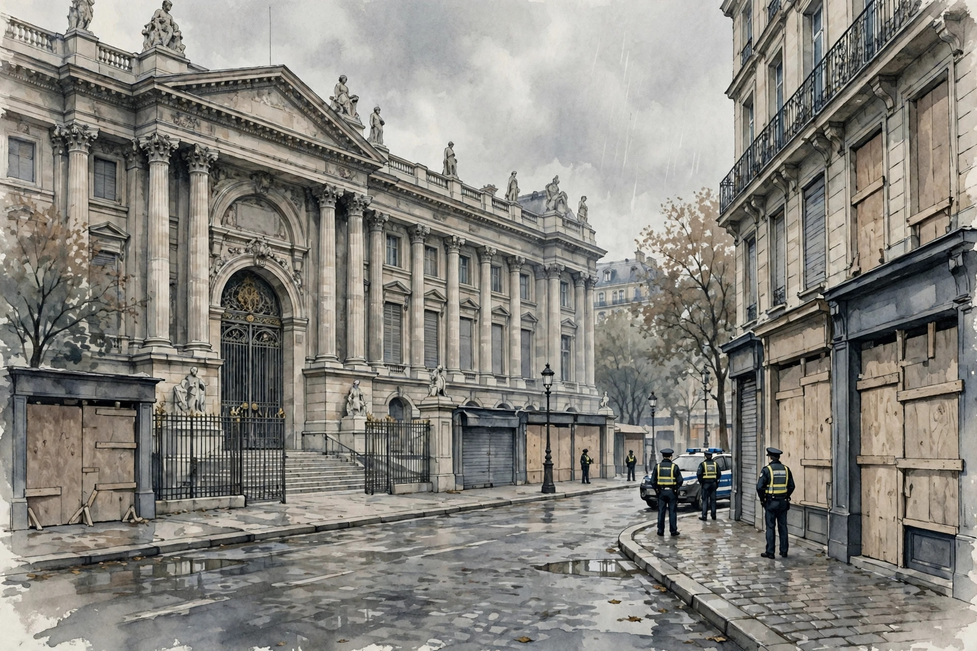 Closed museum gates and boarded-up shops on a quiet Paris street