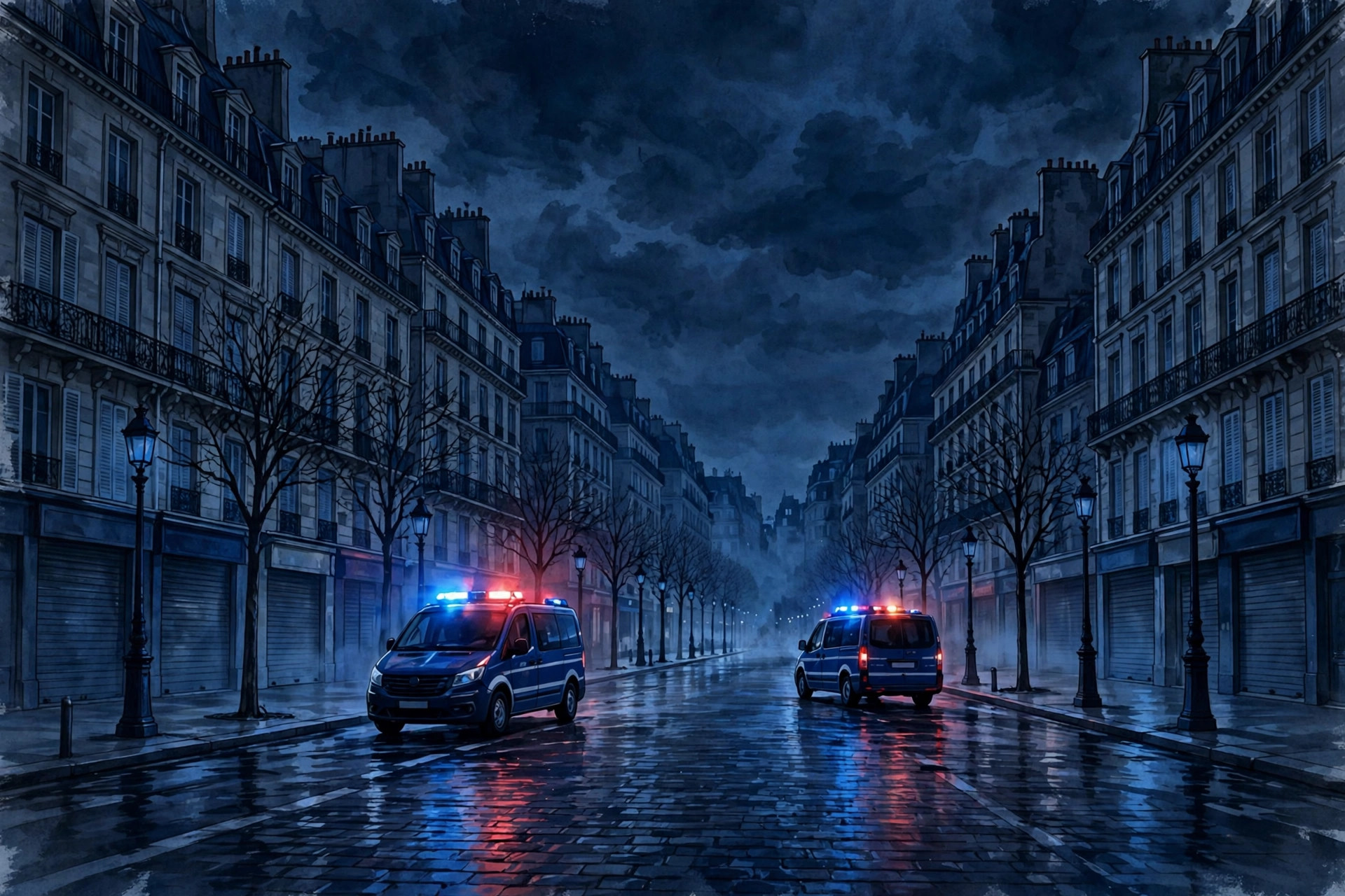 Police vans on an empty Paris boulevard at night during a curfew