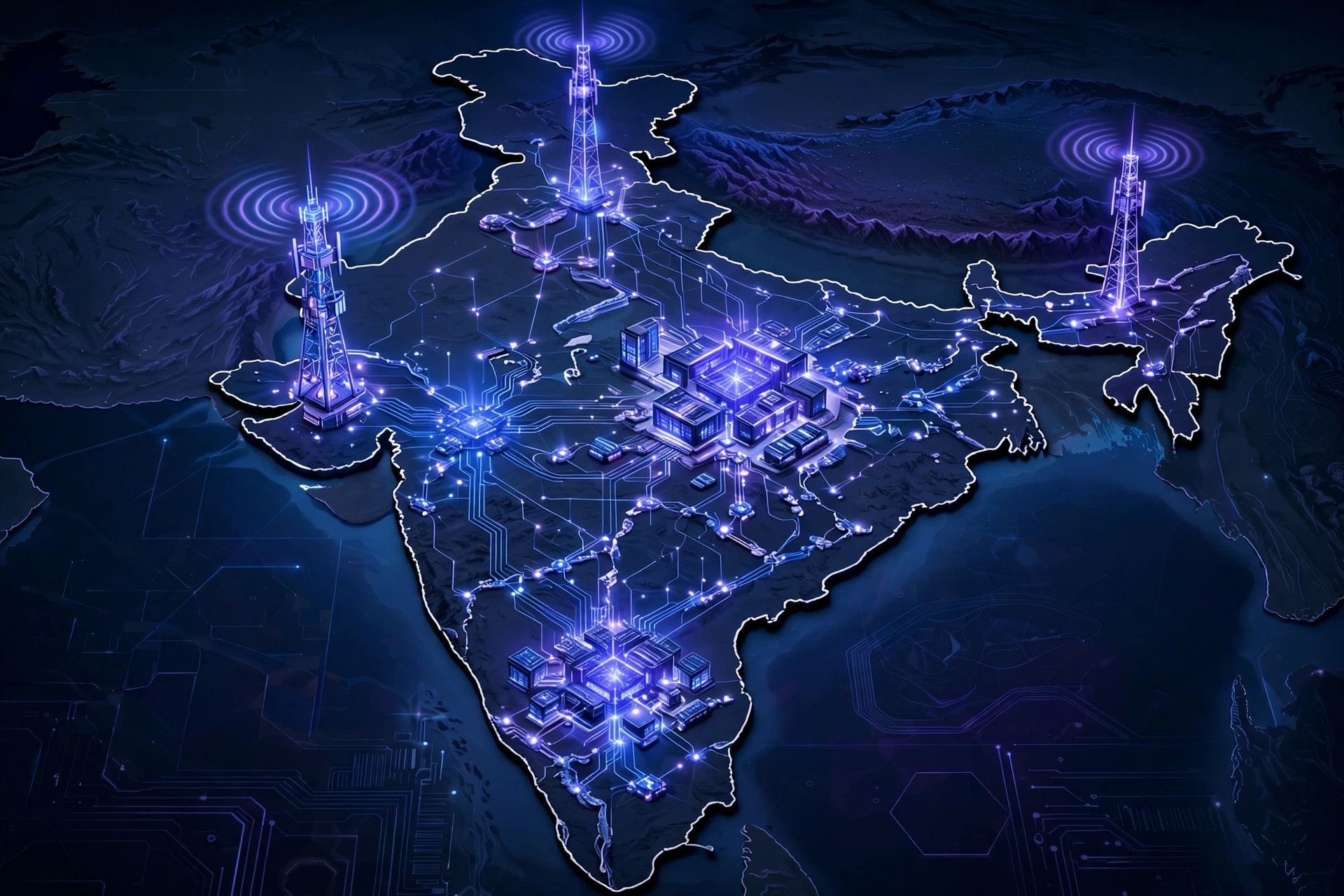 Futuristic 5G telecom towers and data-center network across India, illustrating Jio's infrastructure investment