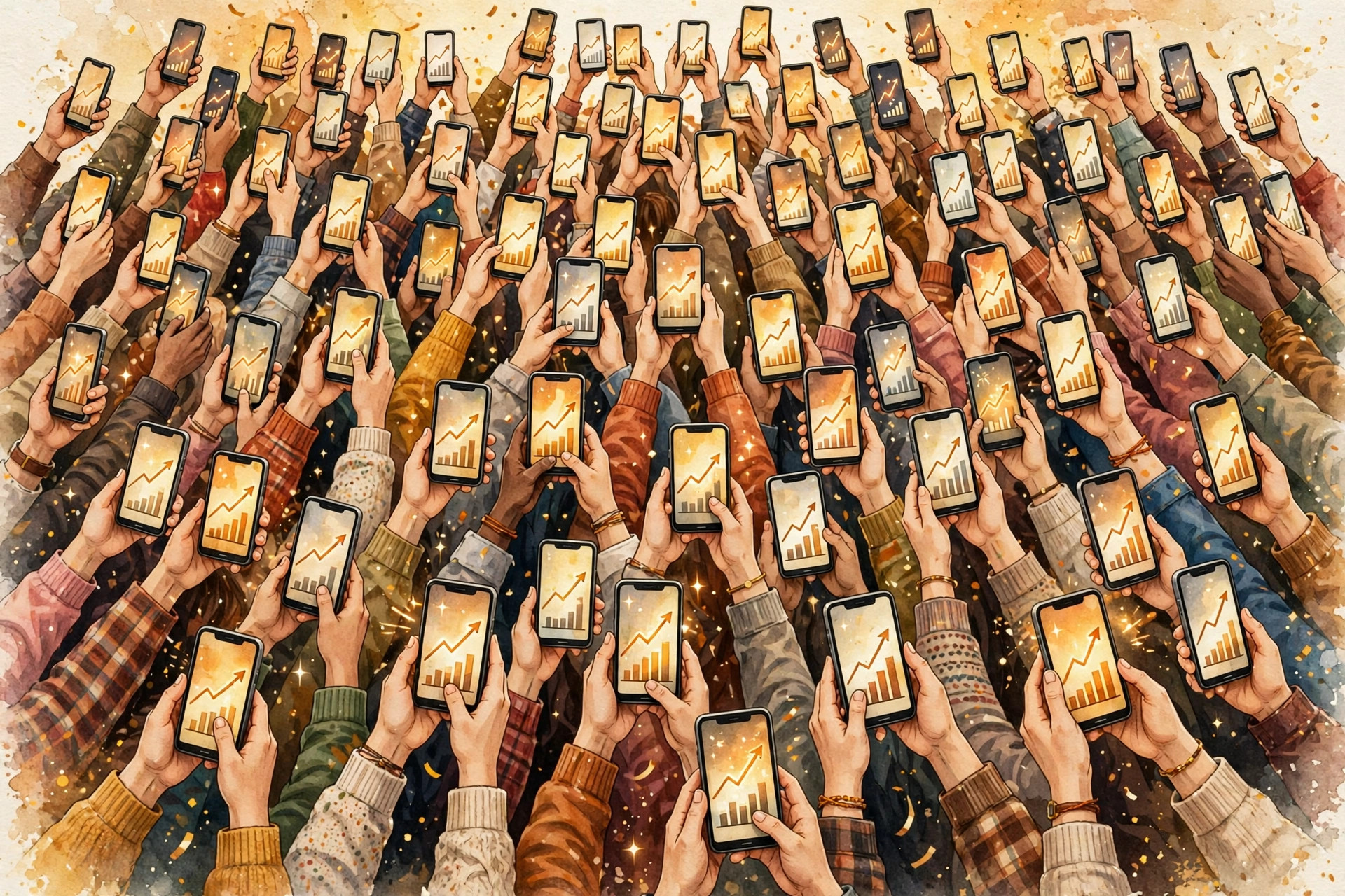 Smartphones showing rising market charts, illustrating mass retail participation in the Jio IPO