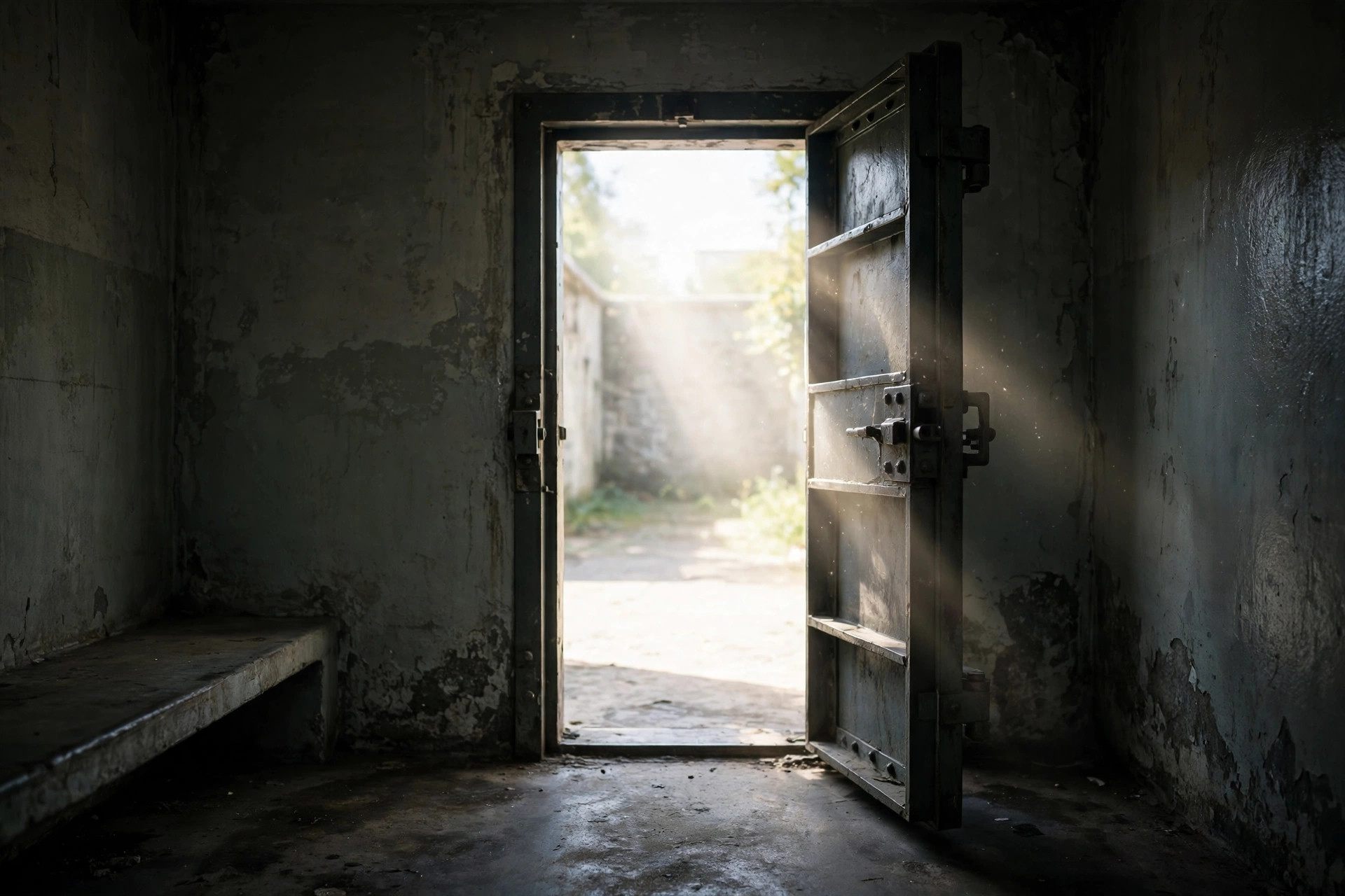 An open prison cell door with daylight streaming in, symbolizing release
