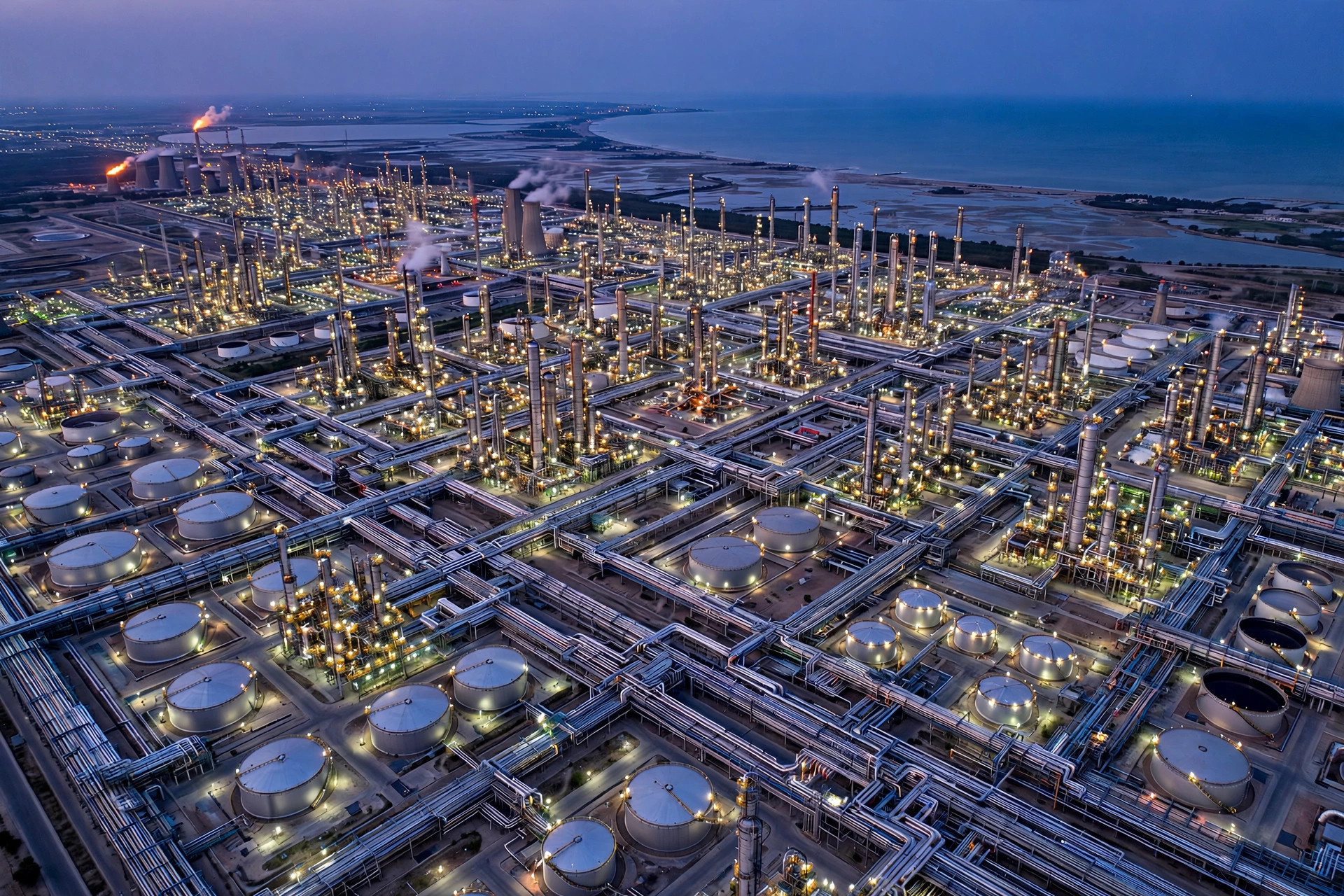 Aerial view of the Jamnagar refinery complex at dusk, the world's largest single-site refinery