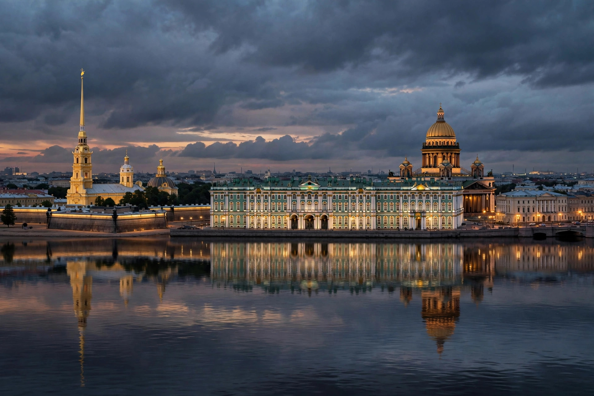 St. Petersburg skyline and palaces along the Neva River at dusk
