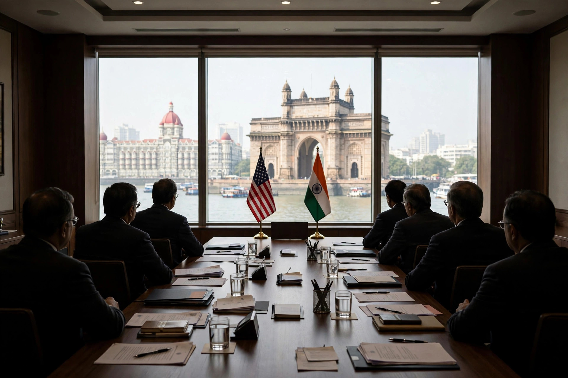 US and India flags at a diplomatic meeting table overlooking the Gateway of India in Mumbai