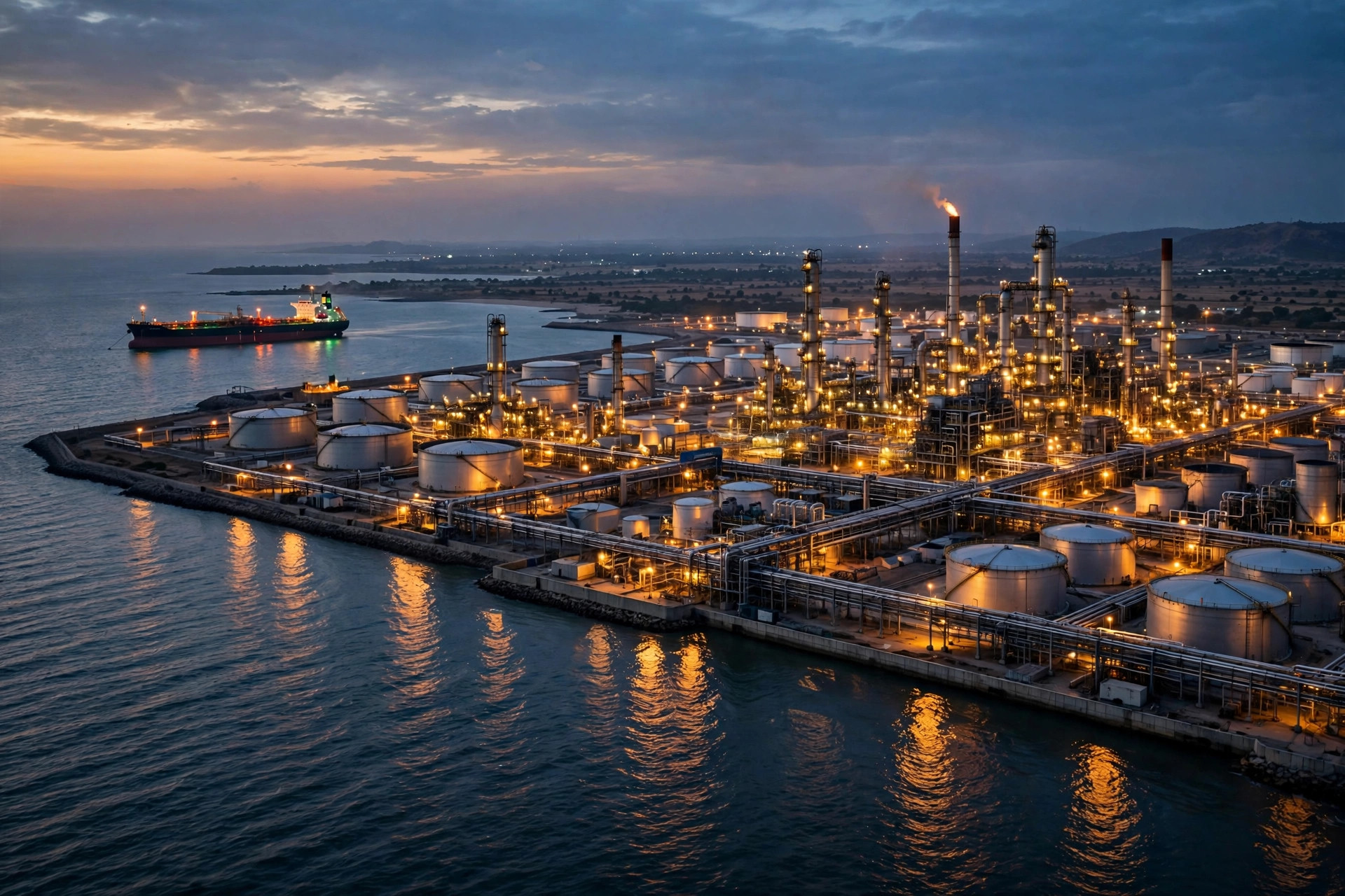 Coastal oil refinery and crude tanker at dusk, representing India's refining sector
