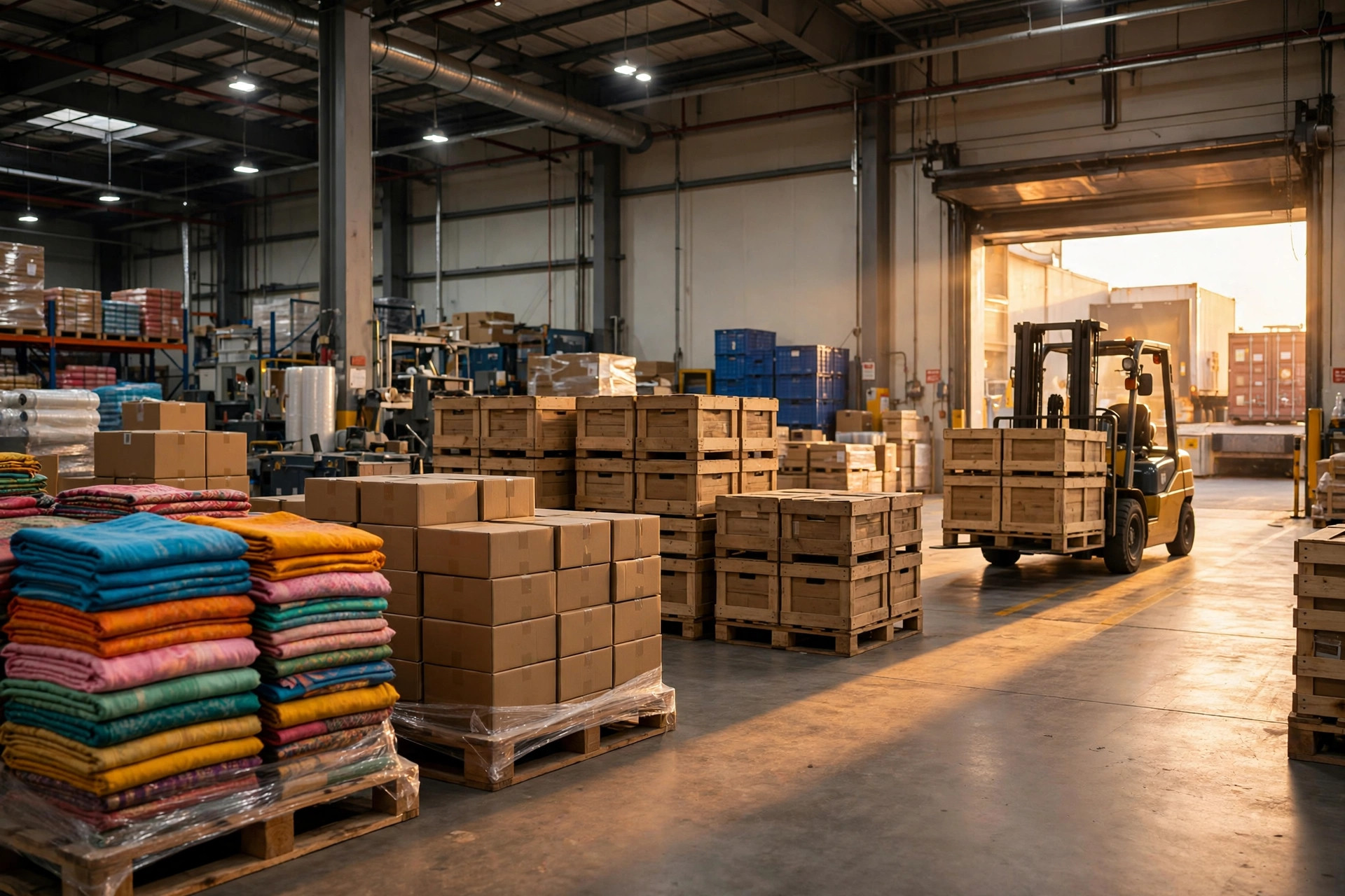 Export warehouse with folded textiles, crates and a forklift preparing goods for shipment