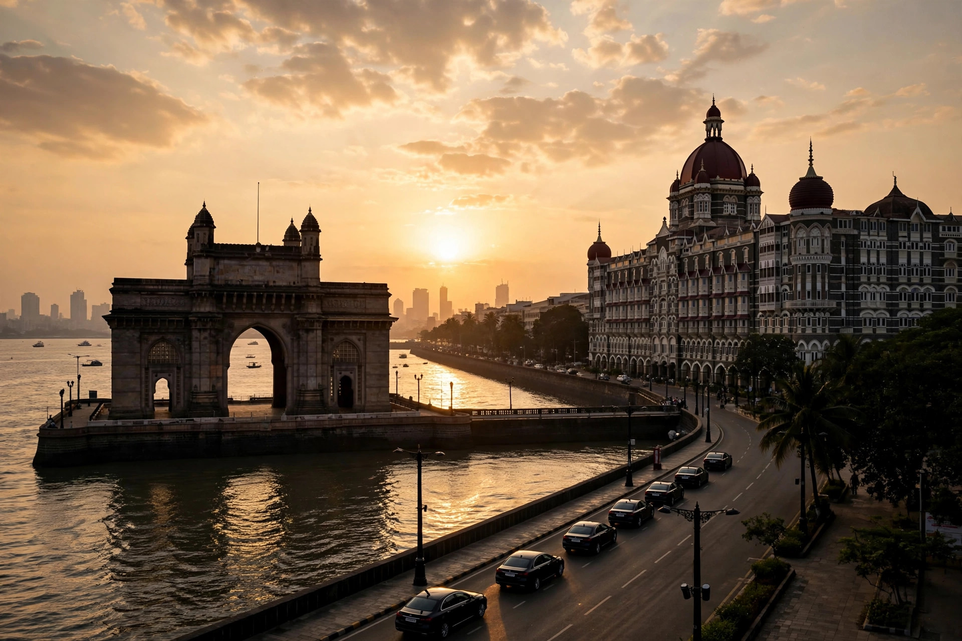Gateway of India and Taj Mahal Palace at sunset in Mumbai