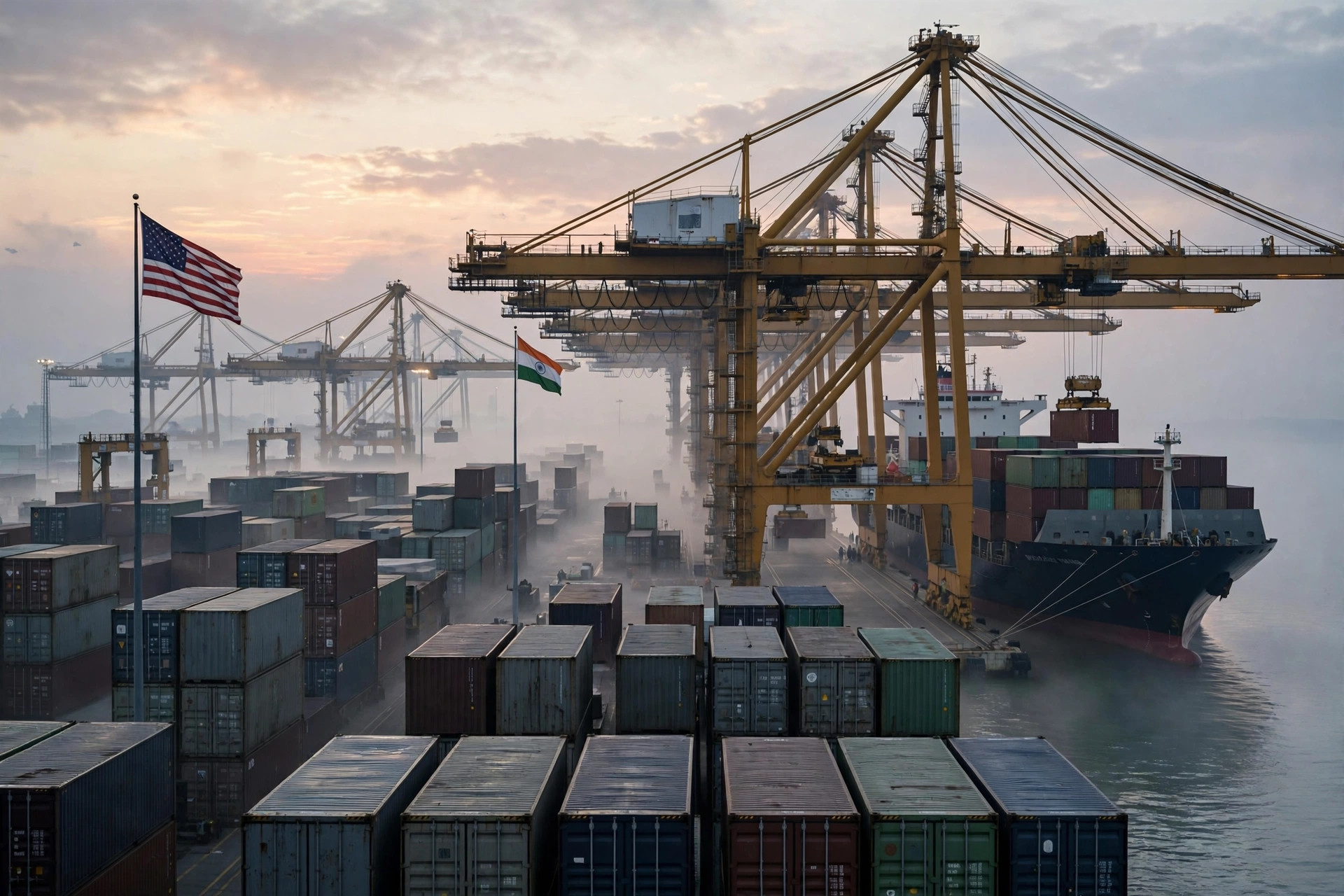 Container port with US and India flags symbolizing bilateral trade and tariff negotiations