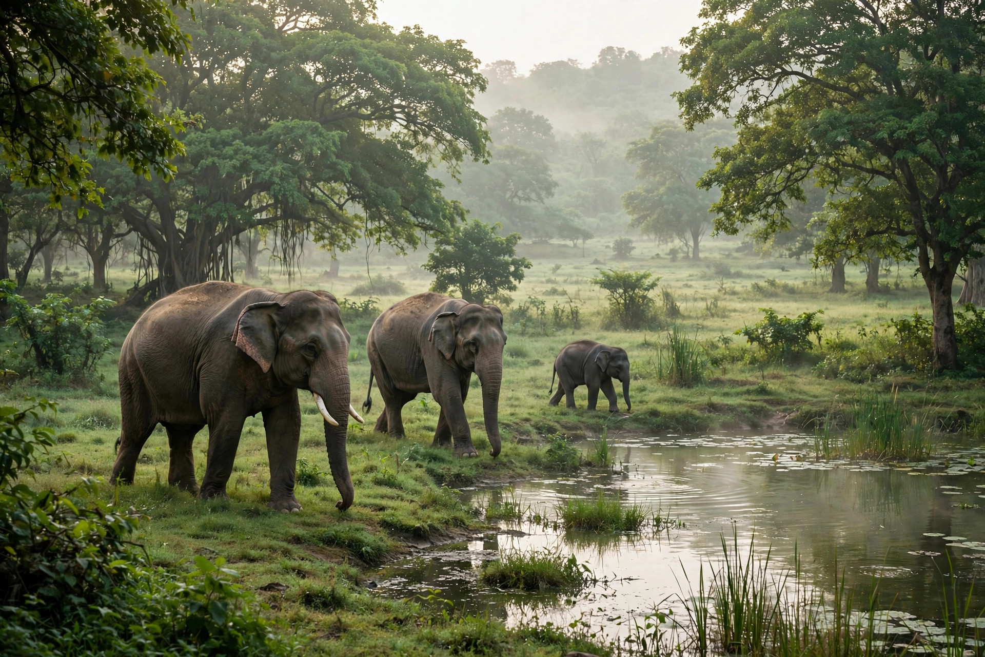 Elephants at a lush animal conservation sanctuary in Gujarat