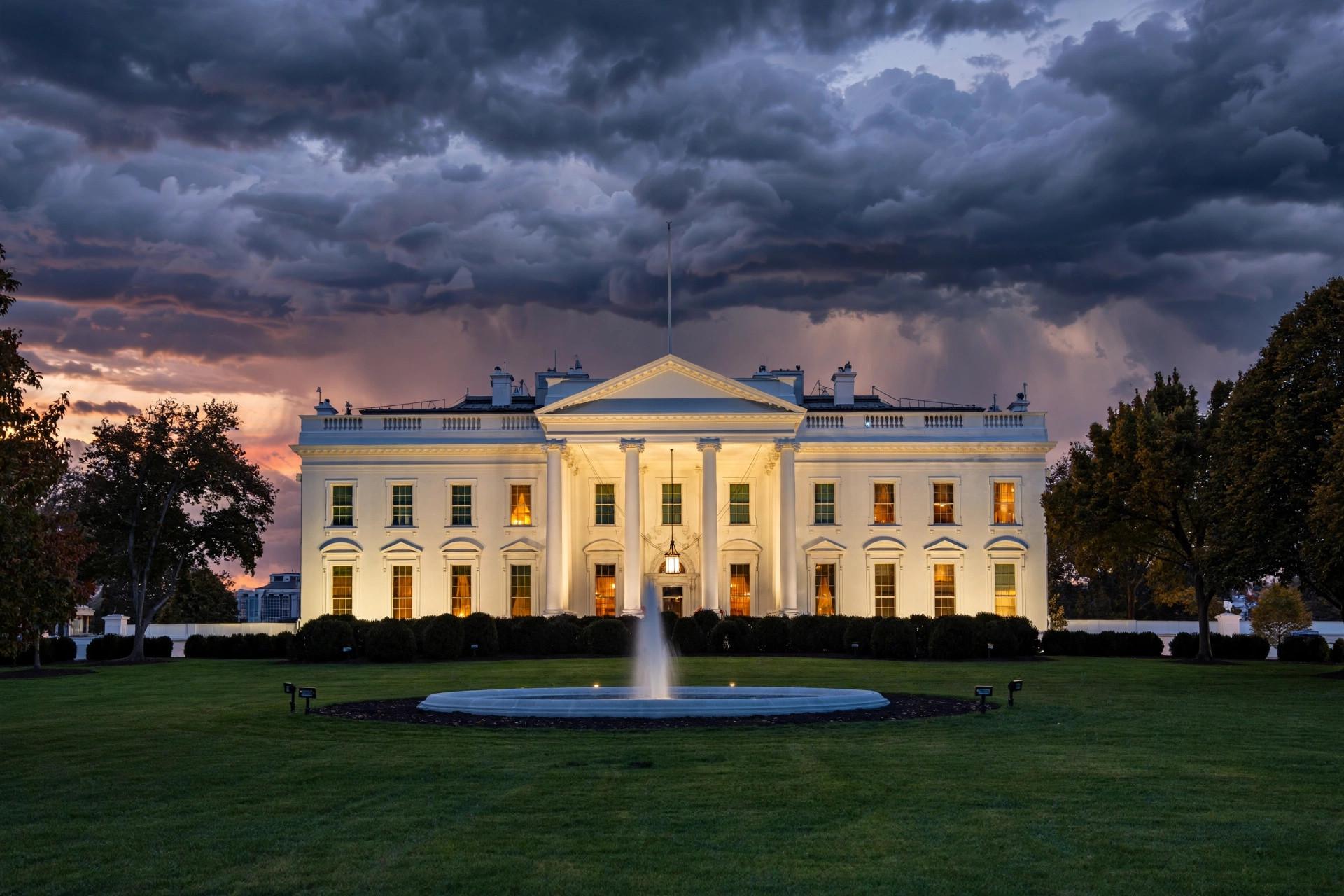 The White House at dusk under a dramatic cloudy sky
