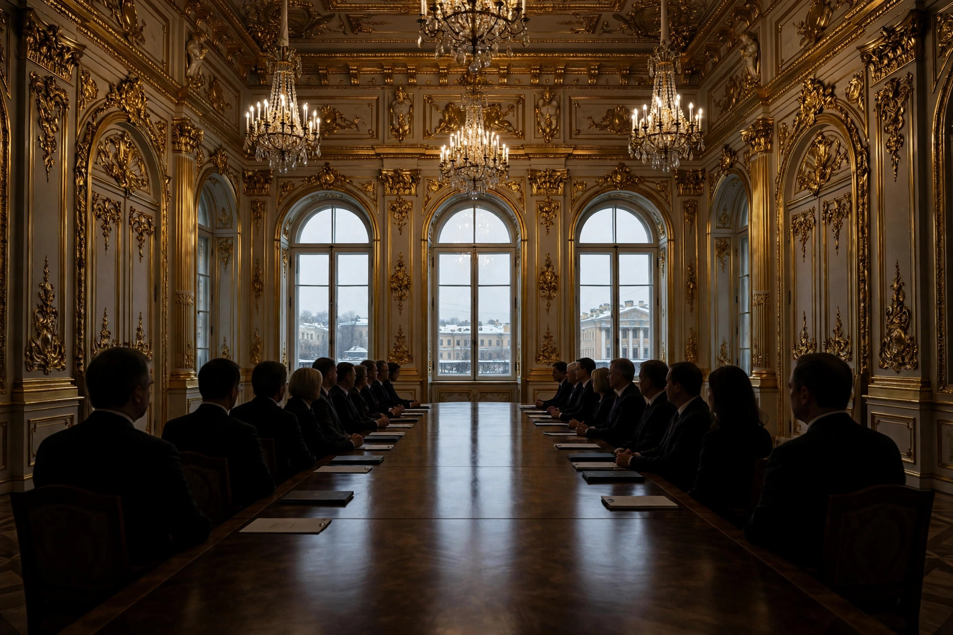 Diplomatic delegations seated at a long table in a gilded St. Petersburg palace meeting room