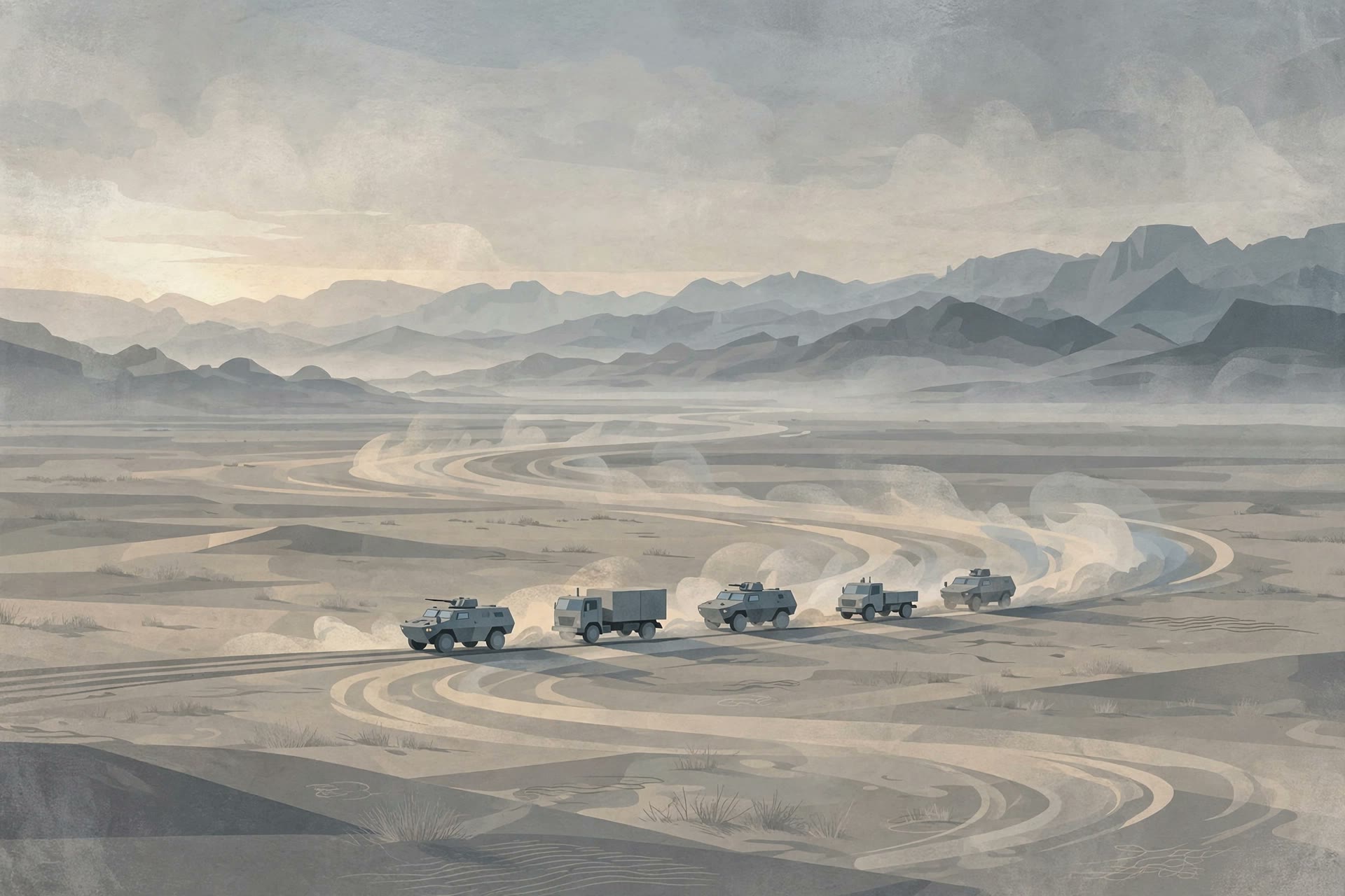 Military convoy in the Yemeni desert during the renewed offensive against Houthi forces