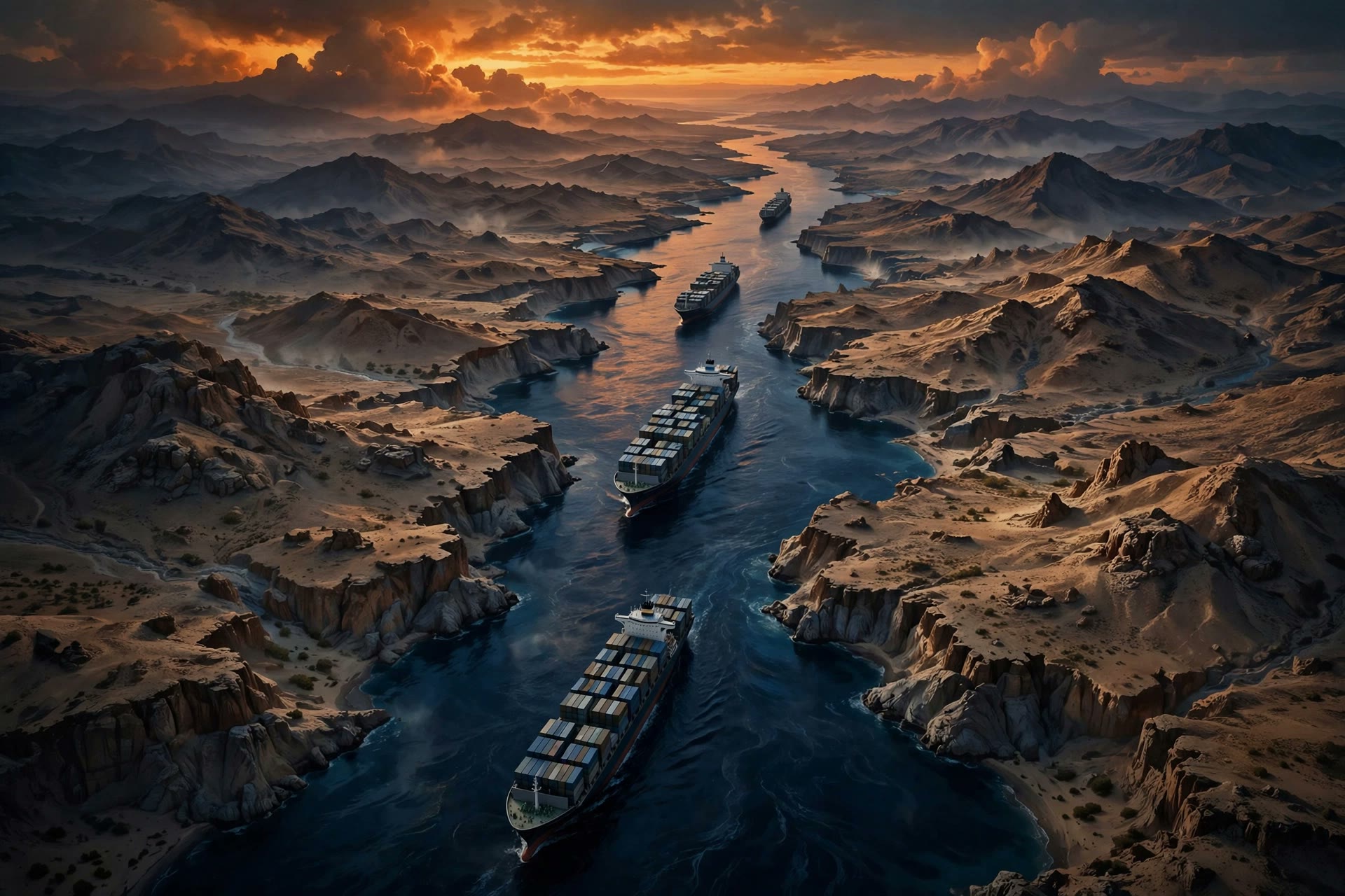 Container ships navigating the Bab el-Mandeb Strait at dusk amid the Yemen military offensive