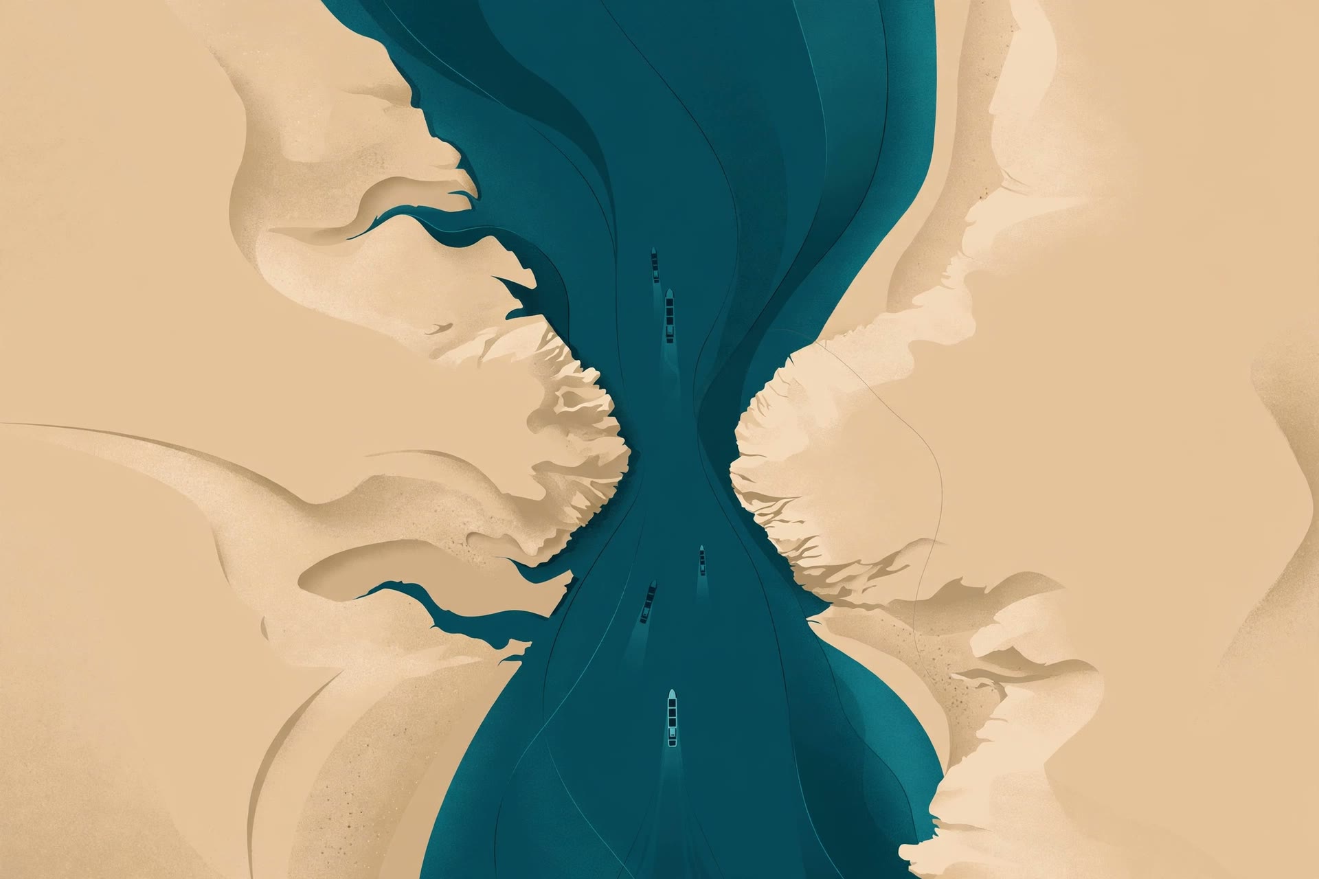 Aerial view of a strategic maritime chokepoint like the Bab el-Mandeb Strait